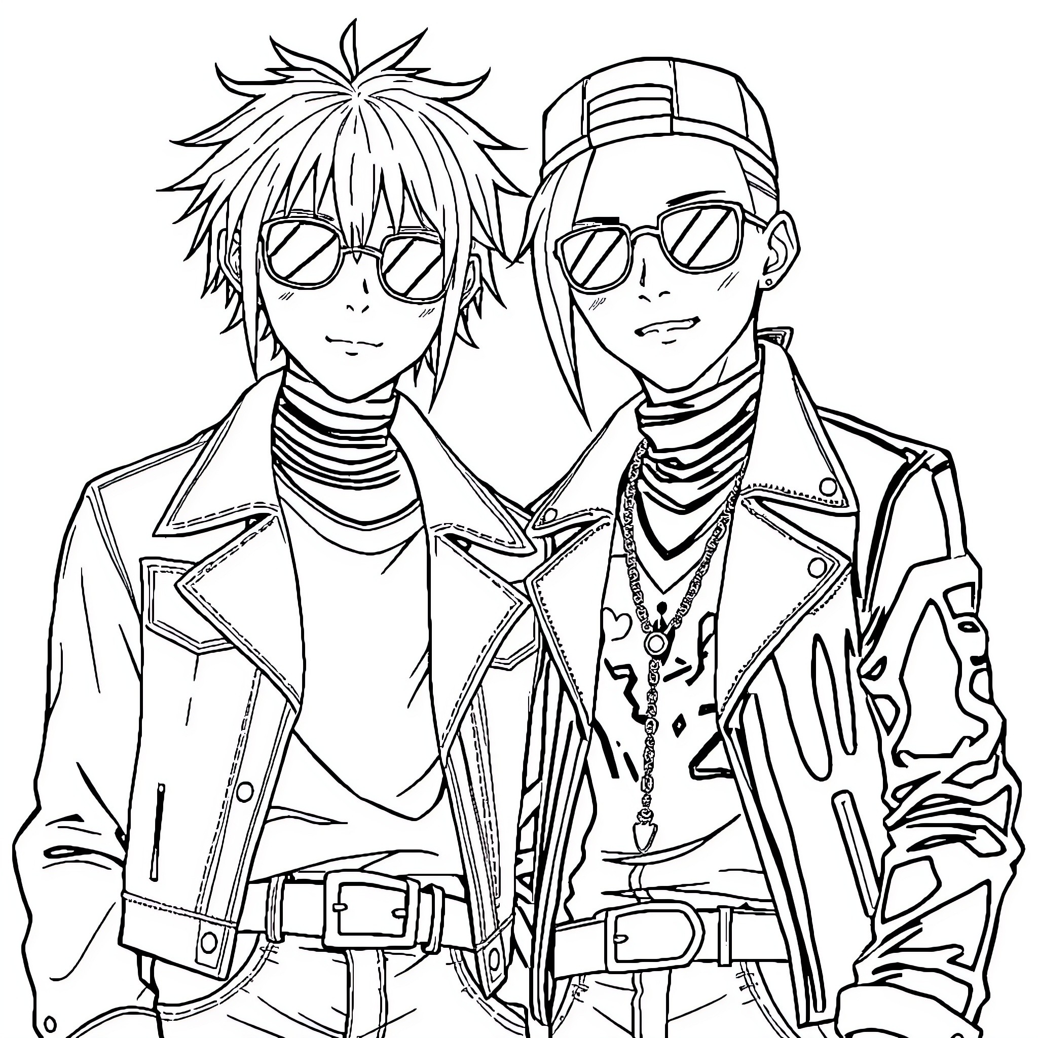 C00lkid's punk rock duo in trendy outfits Coloring Page (free black-and-white line drawing printable PDF for all, from beginners to advanced learners, including children, teens, adults, and seniors)