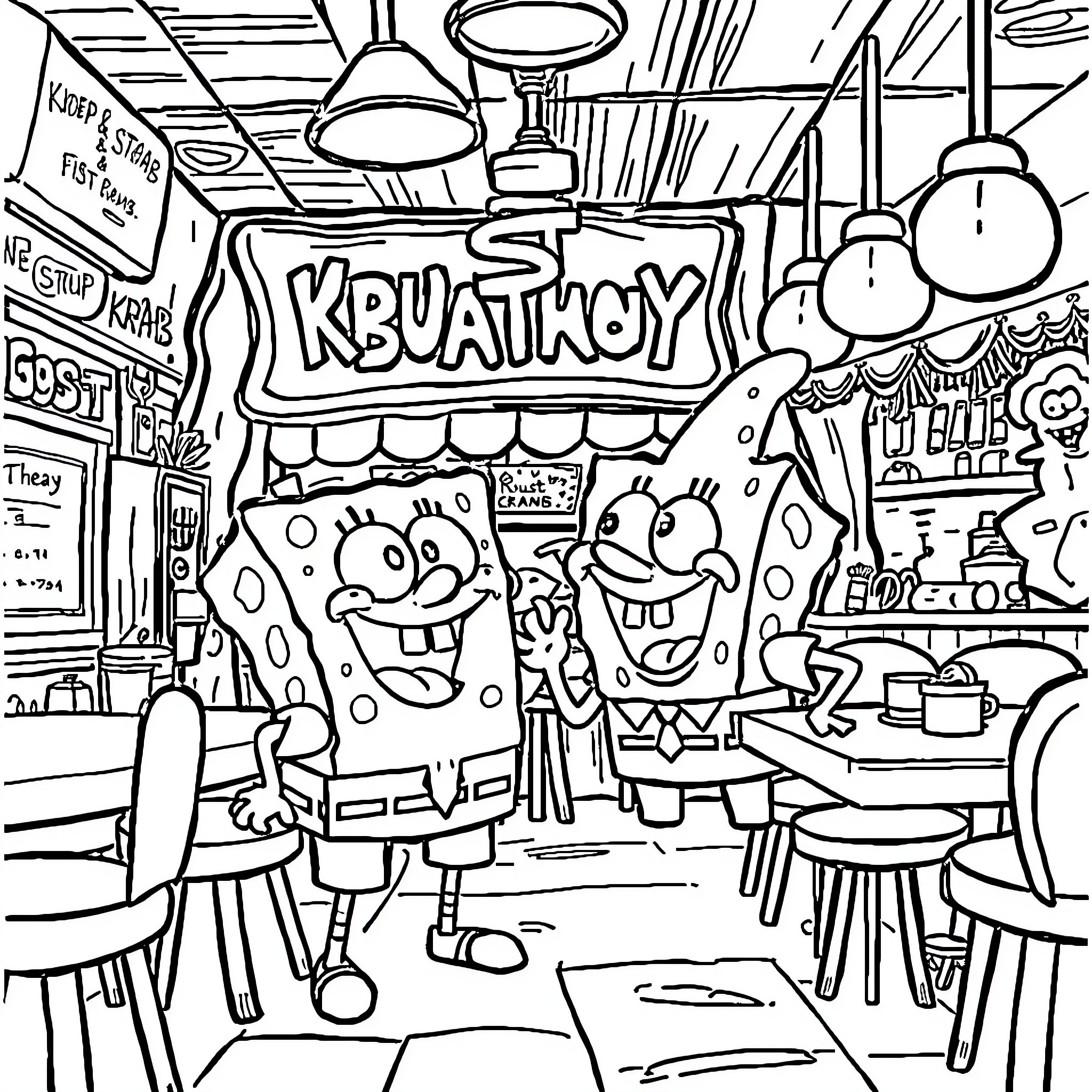 Spongebob and friends in a lively cartoon diner scene Coloring Page (free black-and-white line drawing printable PDF for all, from beginners to advanced learners, including children, teens, adults, and seniors)
