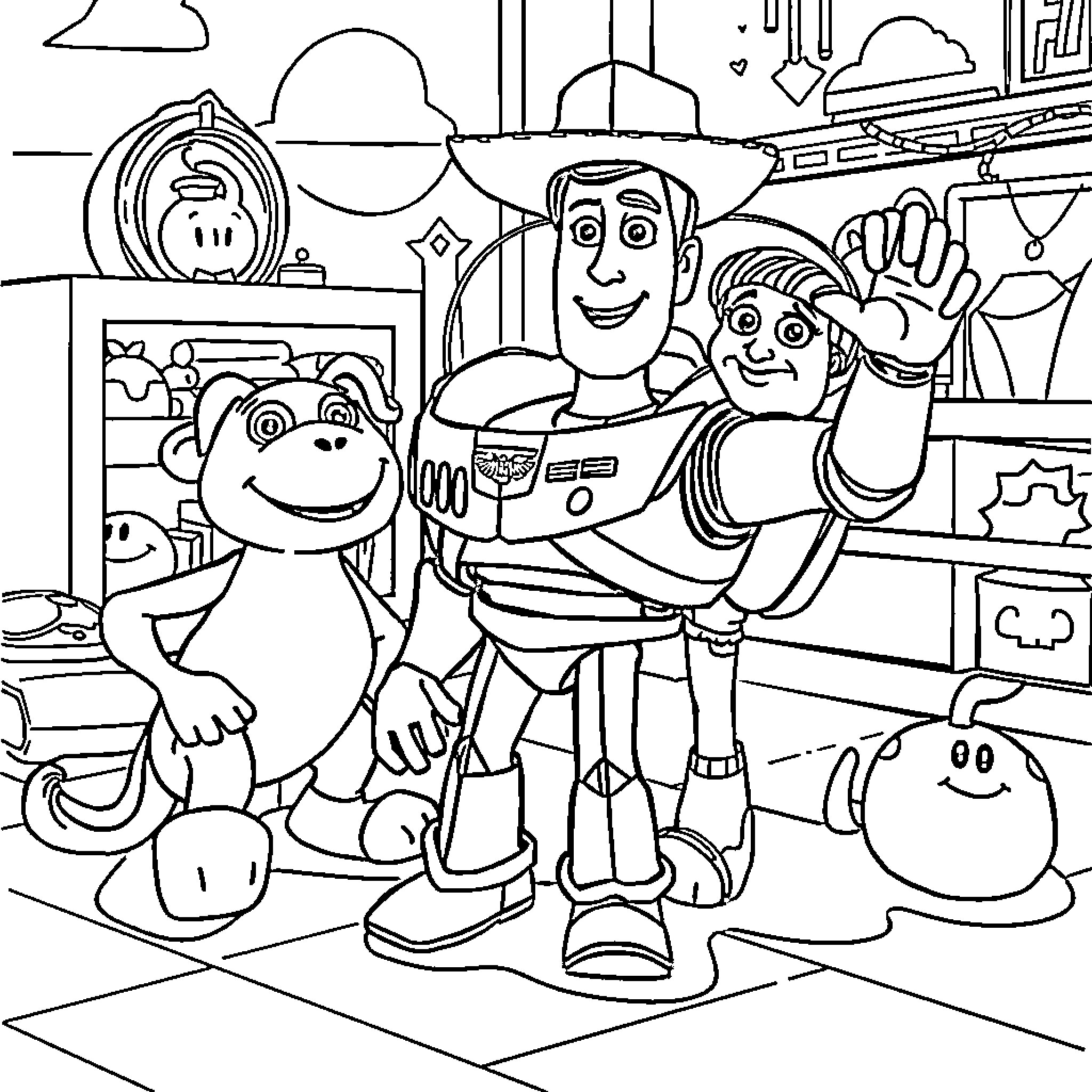 Toy Story Characters in Playroom Adventure Coloring Page (free black-and-white line drawing printable PDF for all, from beginners to advanced learners, including children, teens, adults, and seniors)