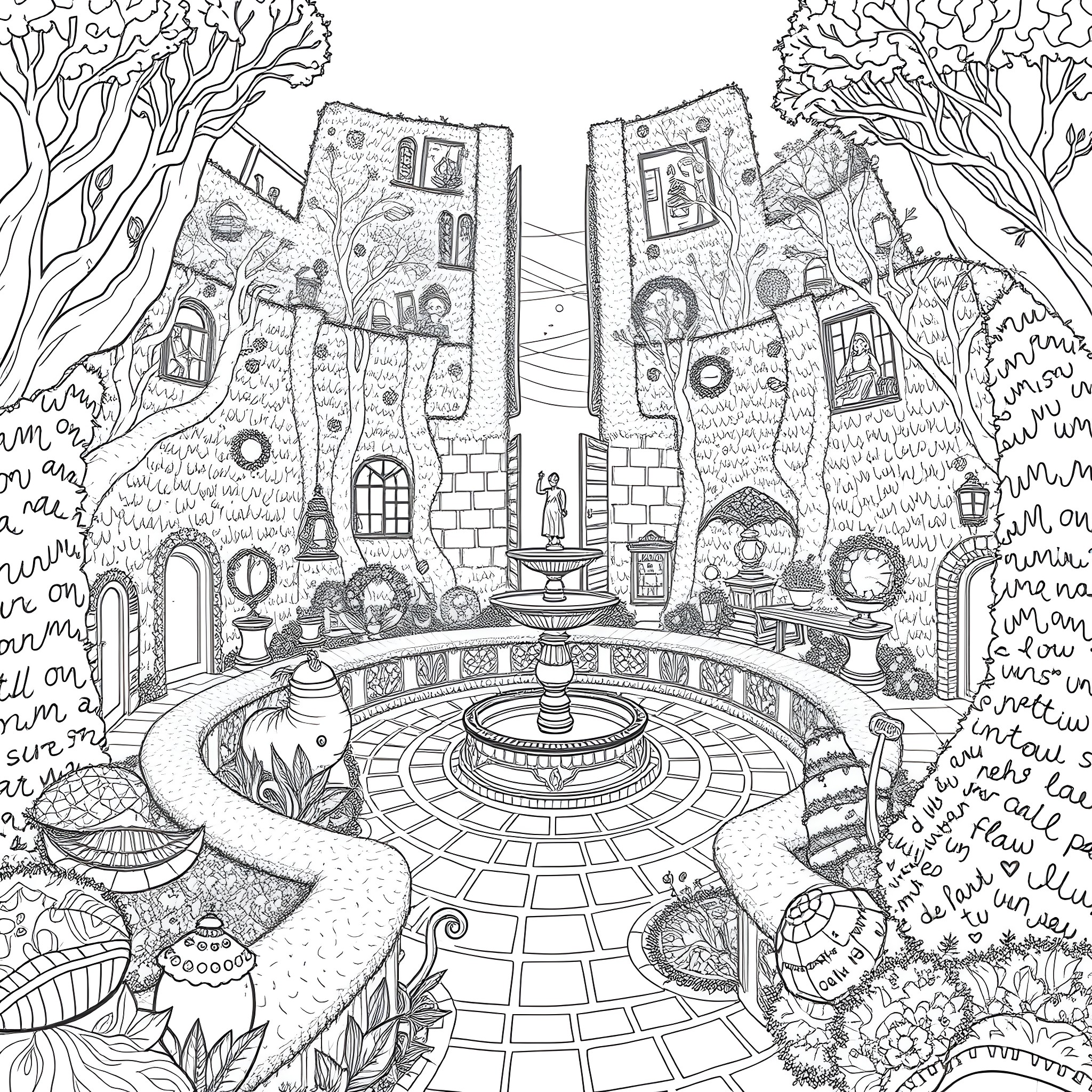 Labyrinth of Whimsical Architecture and Nature Coloring Page (free black-and-white line drawing printable PDF for all, from beginners to advanced learners, including children, teens, adults, and seniors)