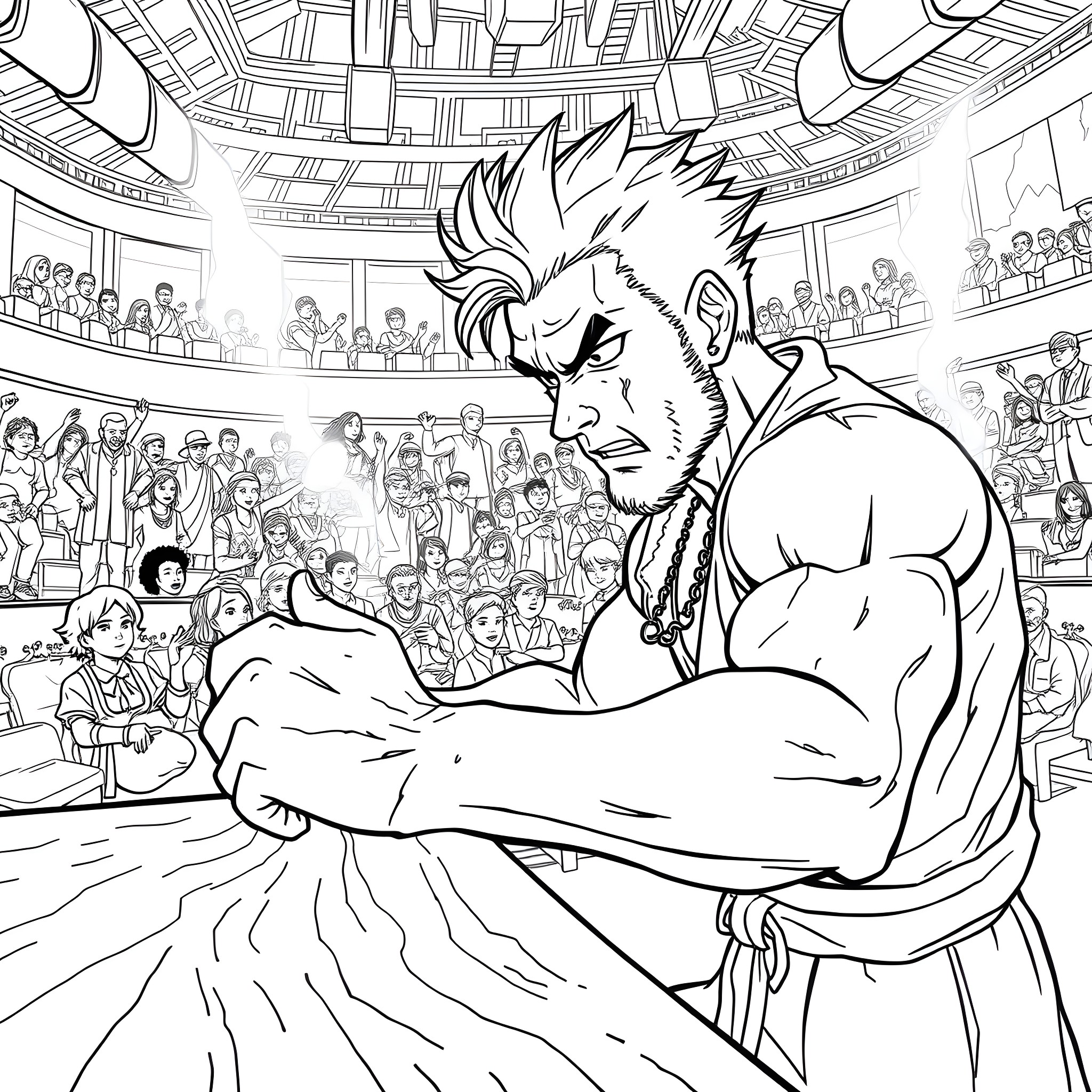 Asta Engaging in Intense Combat in the Arena Coloring Page (free black-and-white line drawing printable PDF for all, from beginners to advanced learners, including children, teens, adults, and seniors)