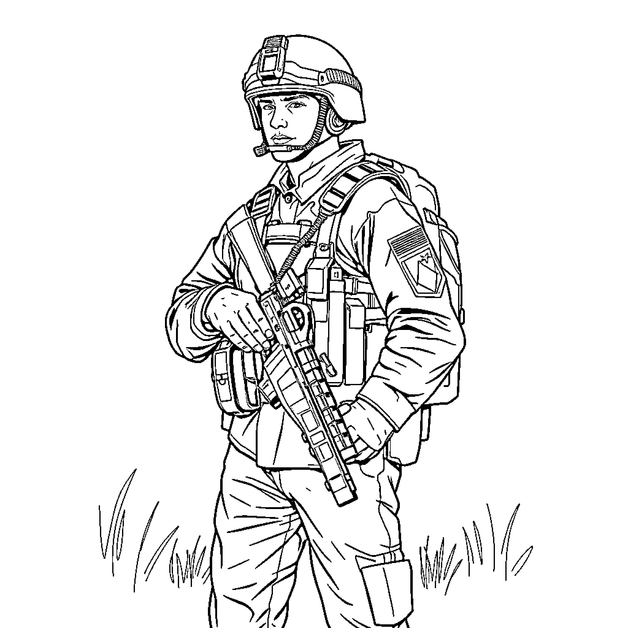 Infantry Soldier Holding Assault Rifle in Combat Gear Coloring Page (free black-and-white line drawing printable PDF for all, from beginners to advanced learners, including children, teens, adults, and seniors)