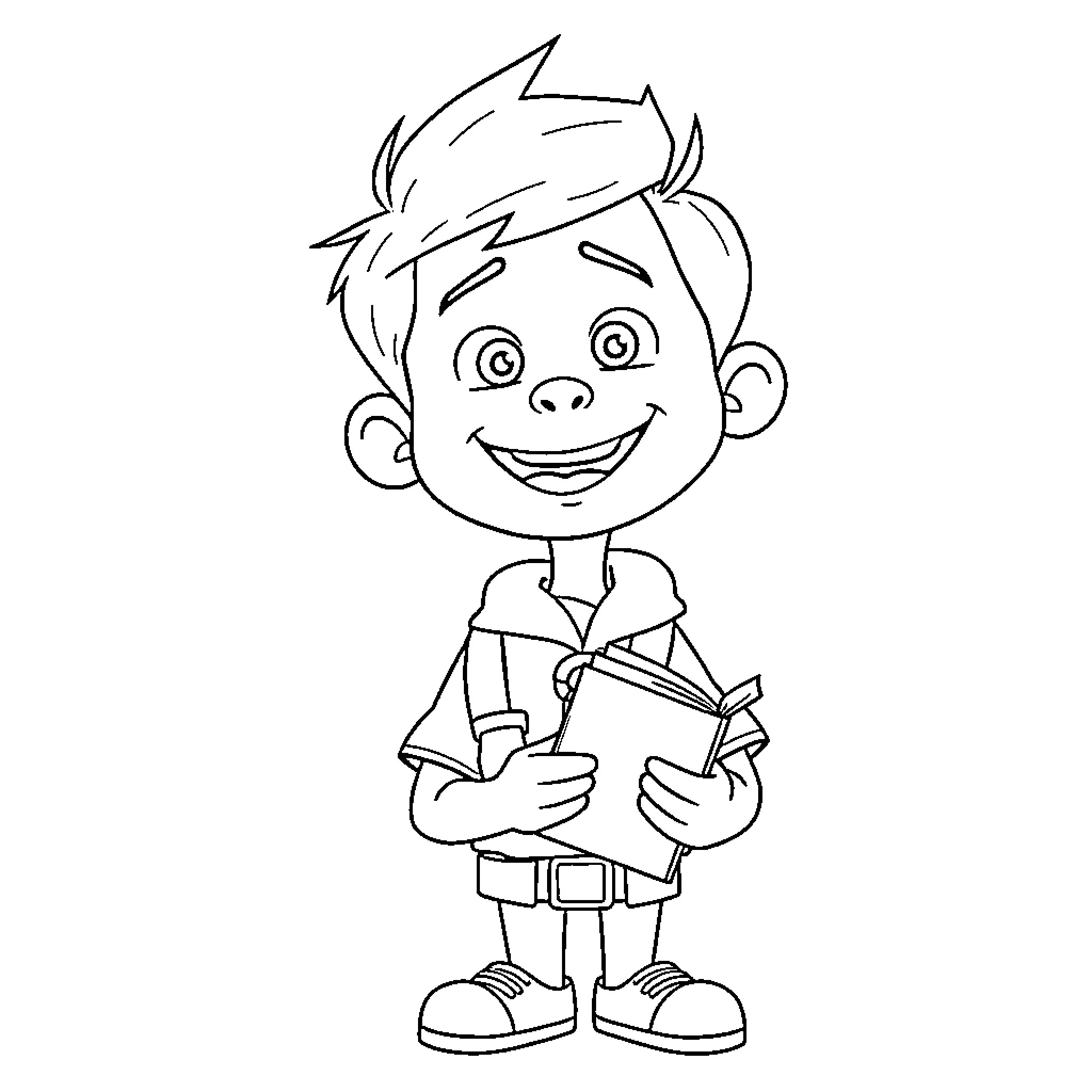 Russell smiling and reading a book happily Coloring Page (free black-and-white line drawing printable PDF for all, from beginners to advanced learners, including children, teens, adults, and seniors)