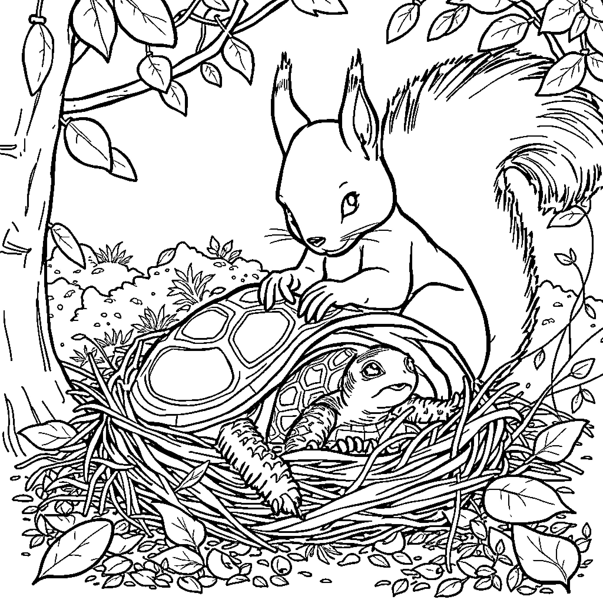 Squirrel observing a turtle nest in the forest Coloring Page (free black-and-white line drawing printable PDF for all, from beginners to advanced learners, including children, teens, adults, and seniors)
