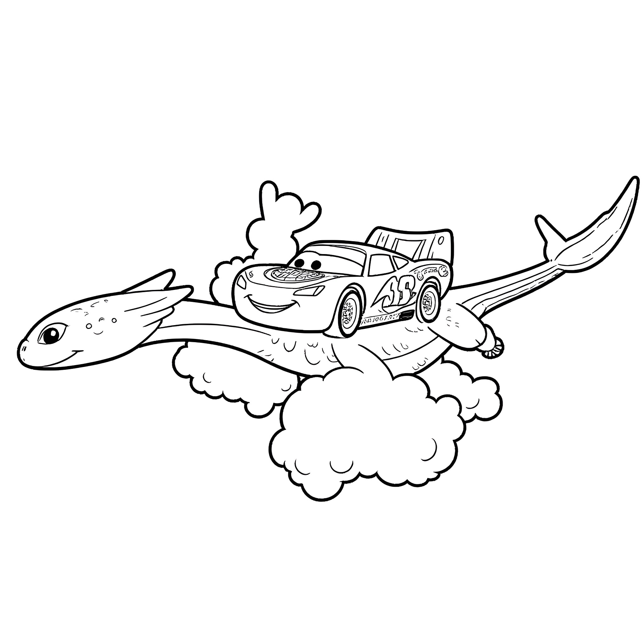 Lightning McQueen riding a dragon in the clouds Coloring Page (free black-and-white line drawing printable PDF for all, from beginners to advanced learners, including children, teens, adults, and seniors)