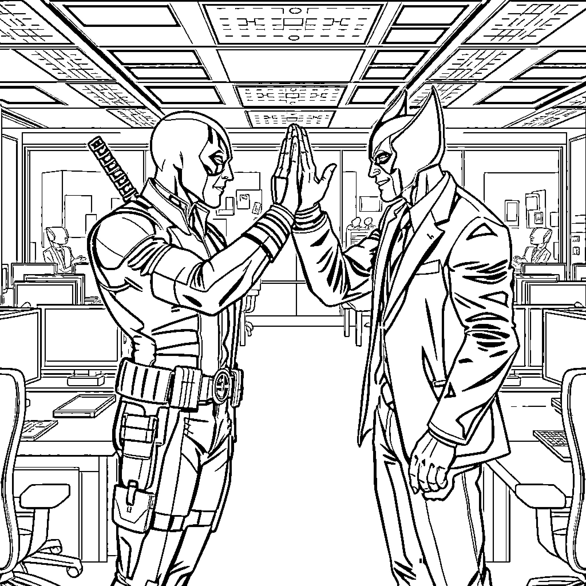 Deadpool high-fiving another comic character in an office setting Coloring Page (free black-and-white line drawing printable PDF for all, from beginners to advanced learners, including children, teens, adults, and seniors)