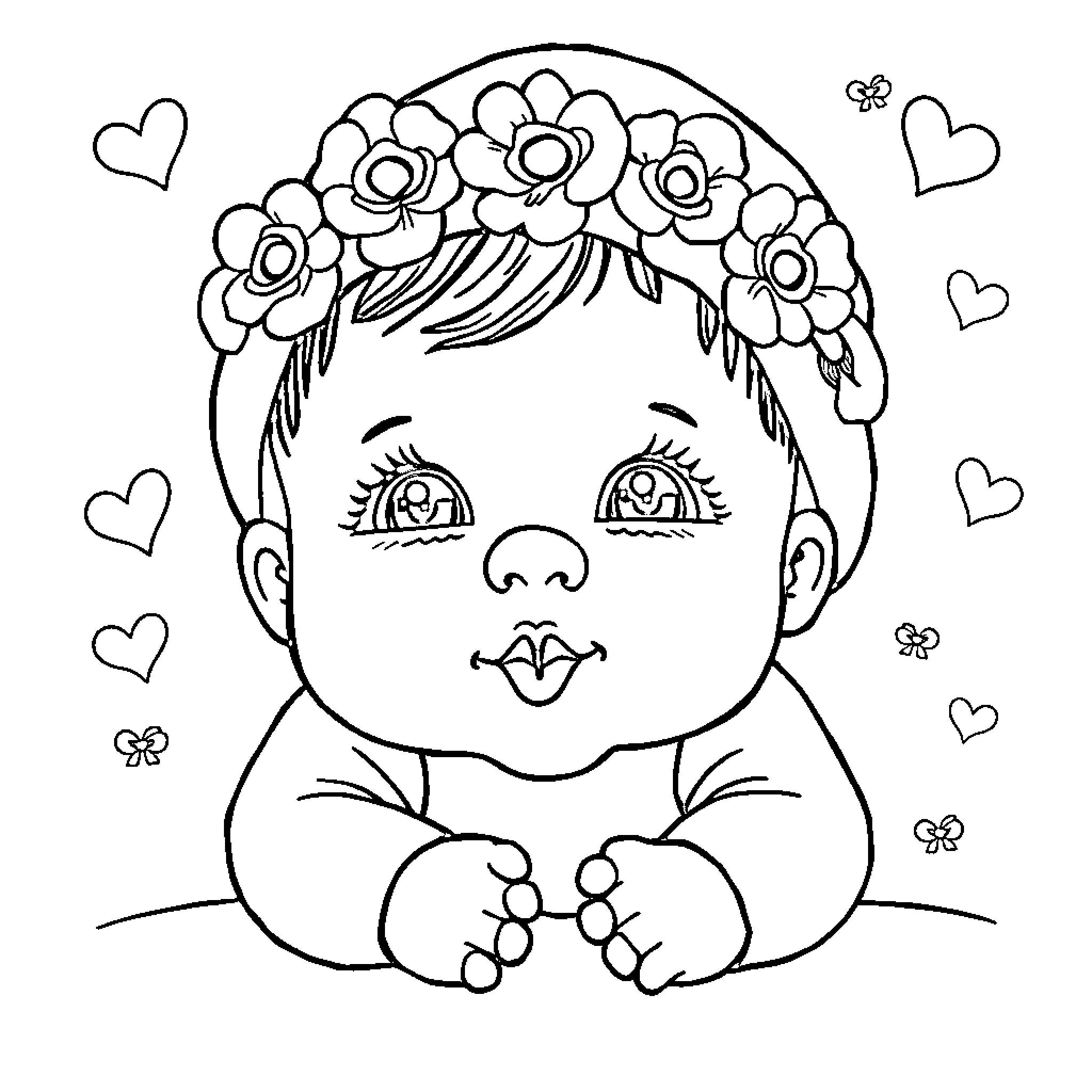 Baby in Flower Crown with Hearts Coloring Page (free black-and-white line drawing printable PDF for all, from beginners to advanced learners, including children, teens, adults, and seniors)