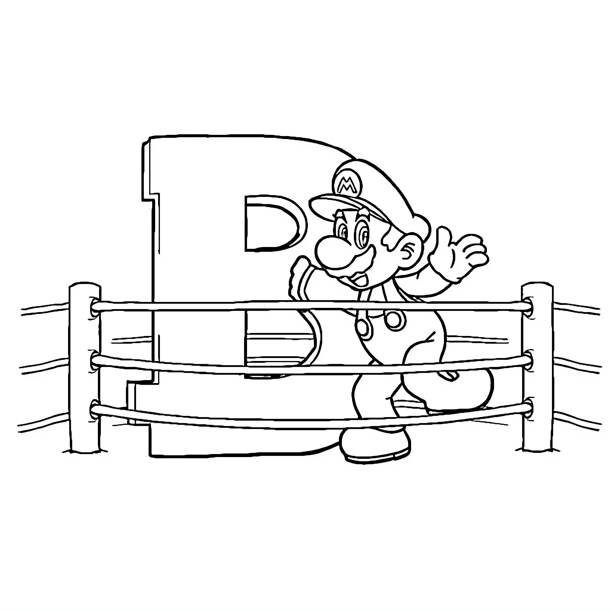 Mario Boxing in the Ring Coloring Page (free black-and-white line drawing printable PDF for all, from beginners to advanced learners, including children, teens, adults, and seniors)
