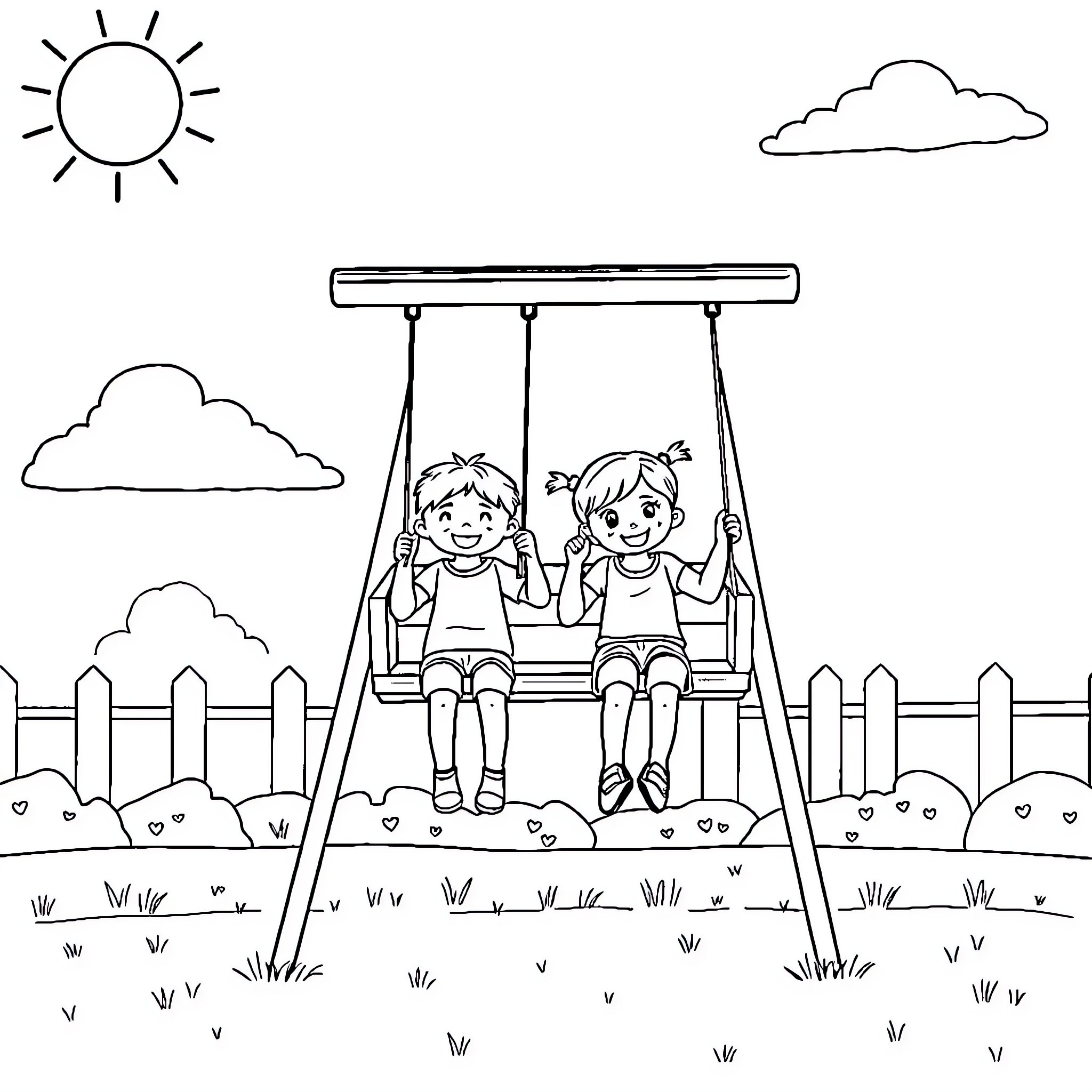 Children playing happily on a swing Coloring Page (free black-and-white line drawing printable PDF for all, from beginners to advanced learners, including children, teens, adults, and seniors)