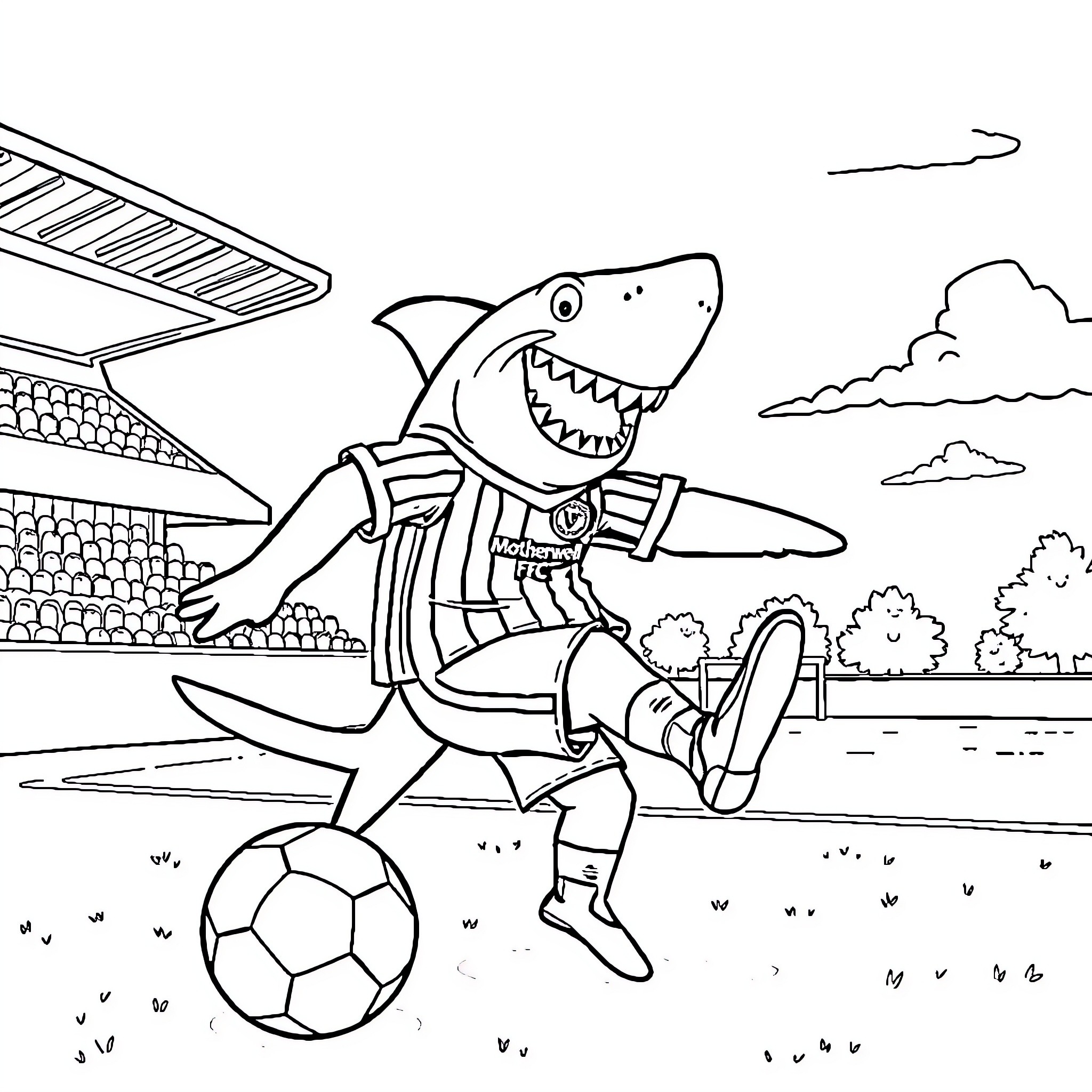 Shark playing soccer in the stadium Coloring Page (free black-and-white line drawing printable PDF for all, from beginners to advanced learners, including children, teens, adults, and seniors)