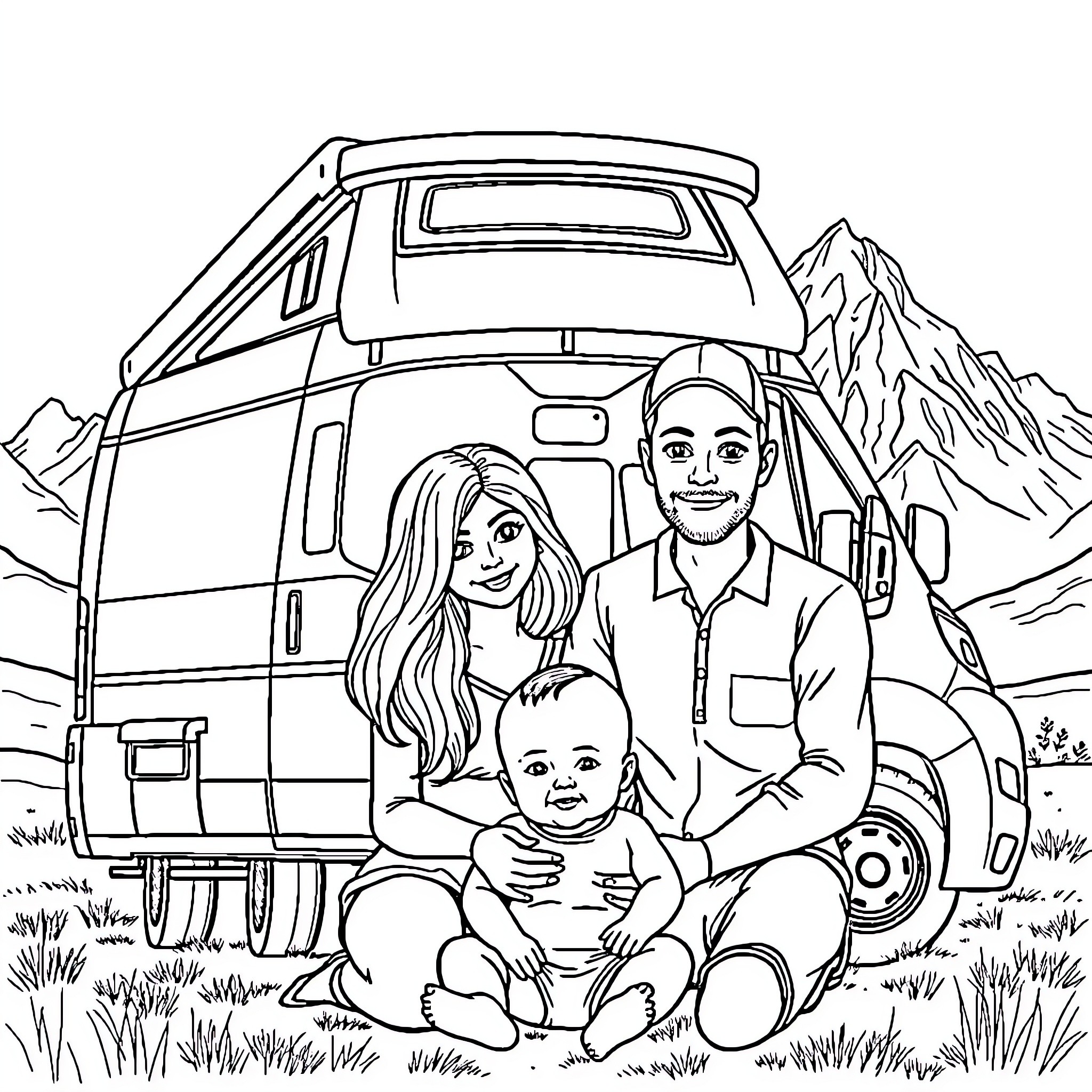 Family enjoying outdoor adventure in camper van Coloring Page (free black-and-white line drawing printable PDF for all, from beginners to advanced learners, including children, teens, adults, and seniors)