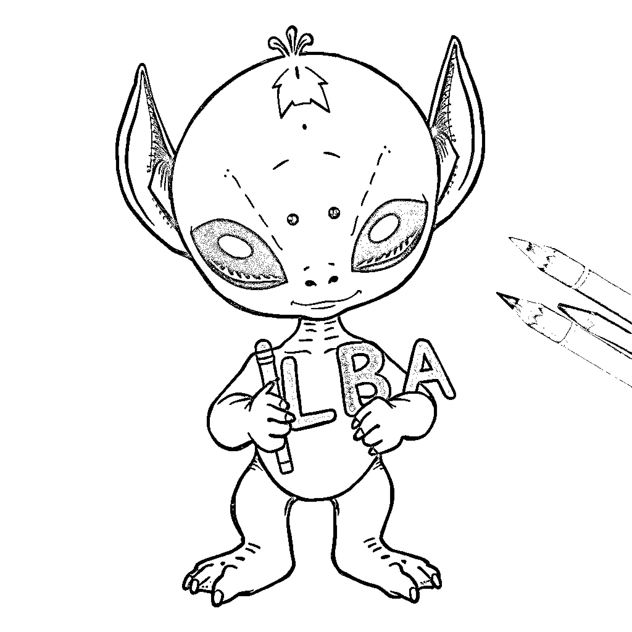 Stitch holding pencils with playful expression Coloring Page (free black-and-white line drawing printable PDF for all, from beginners to advanced learners, including children, teens, adults, and seniors)