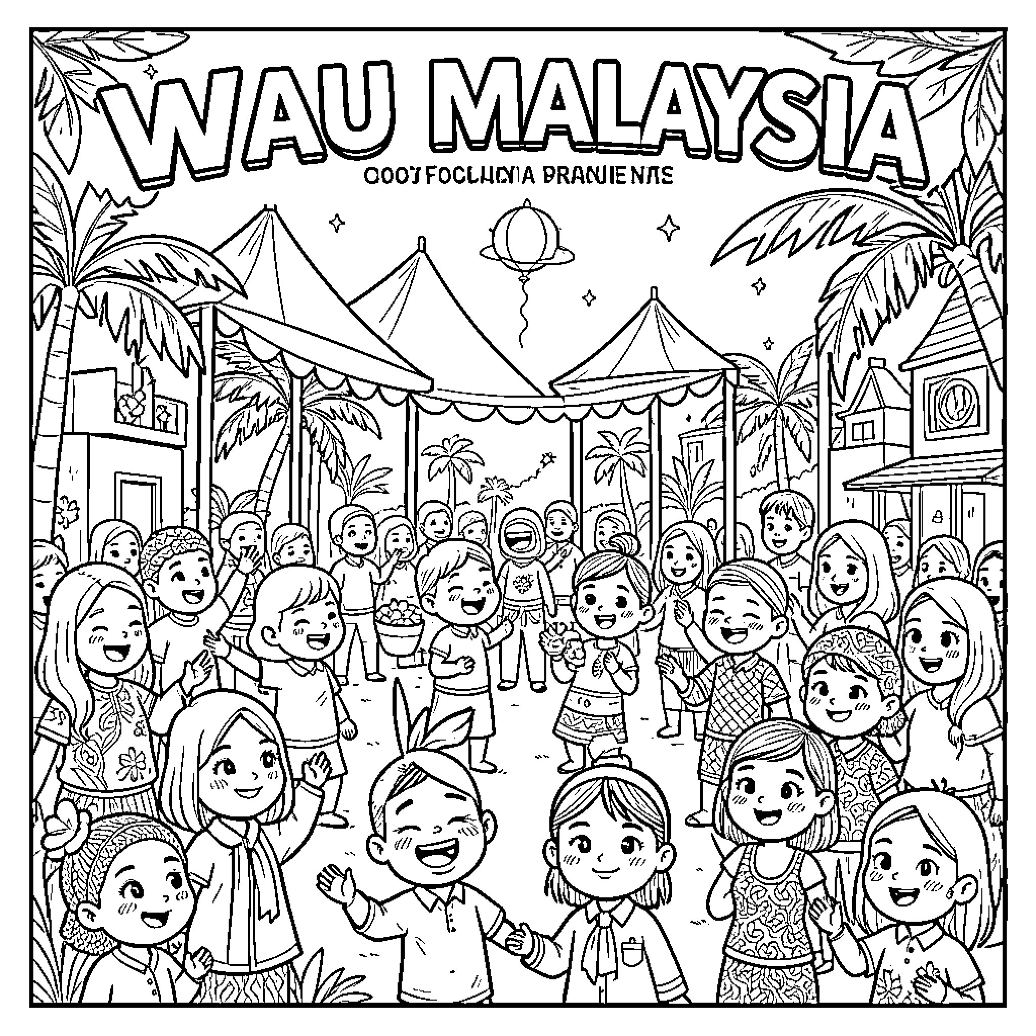 Wau Malaysia celebrating in a festive village scene Coloring Page (free black-and-white line drawing printable PDF for all, from beginners to advanced learners, including children, teens, adults, and seniors)