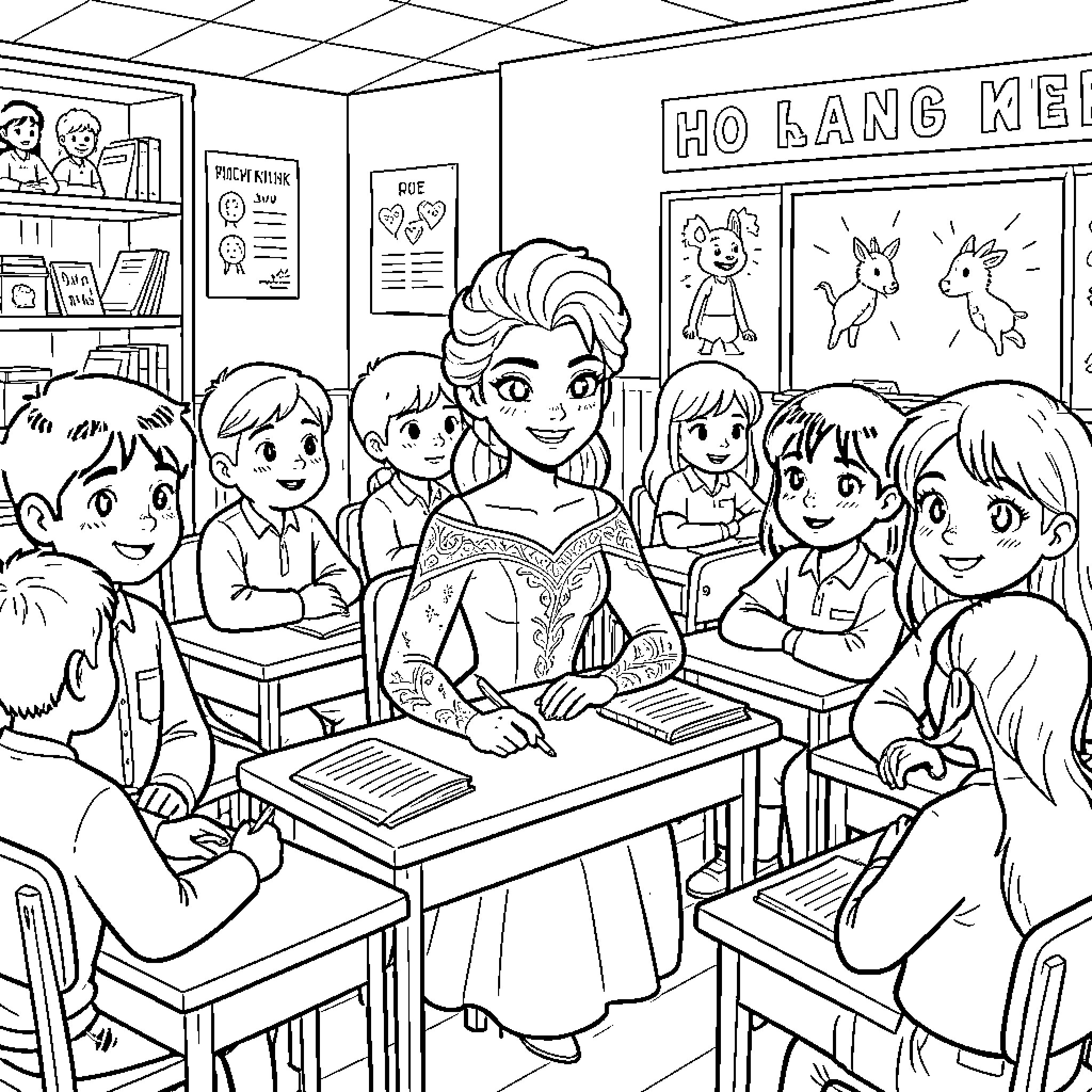 Elsa sitting at a desk in a classroom Coloring Page (free black-and-white line drawing printable PDF for all, from beginners to advanced learners, including children, teens, adults, and seniors)