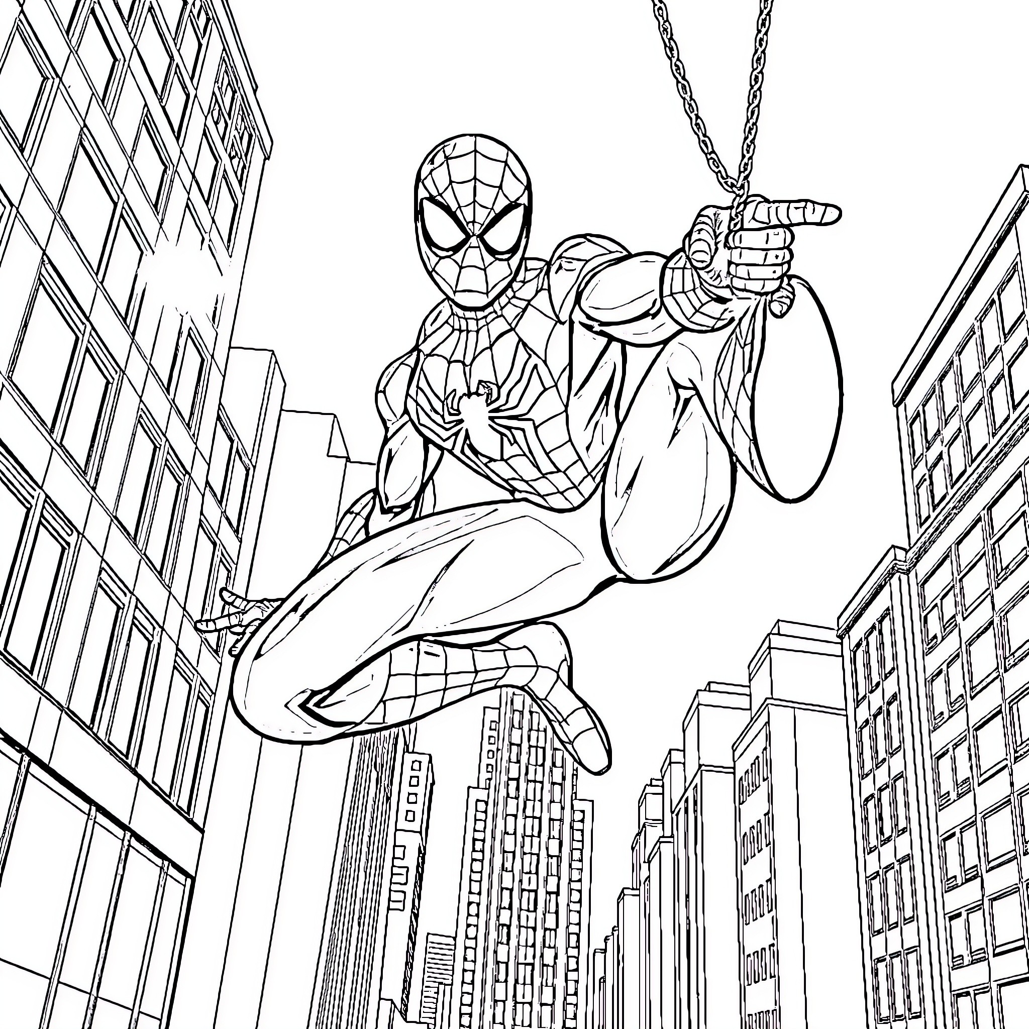 Spiderman swinging through the city skyline Coloring Page (free black-and-white line drawing printable PDF for all, from beginners to advanced learners, including children, teens, adults, and seniors)