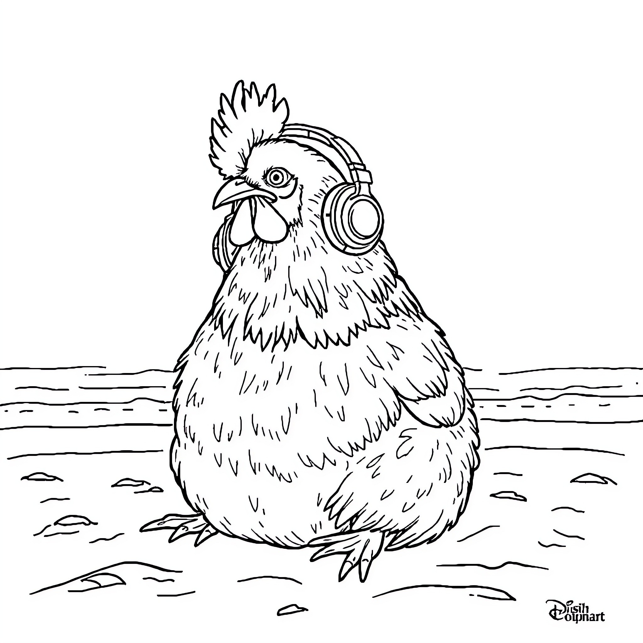 Chicken listening to music with headphones Coloring Page (free black-and-white line drawing printable PDF for all, from beginners to advanced learners, including children, teens, adults, and seniors)