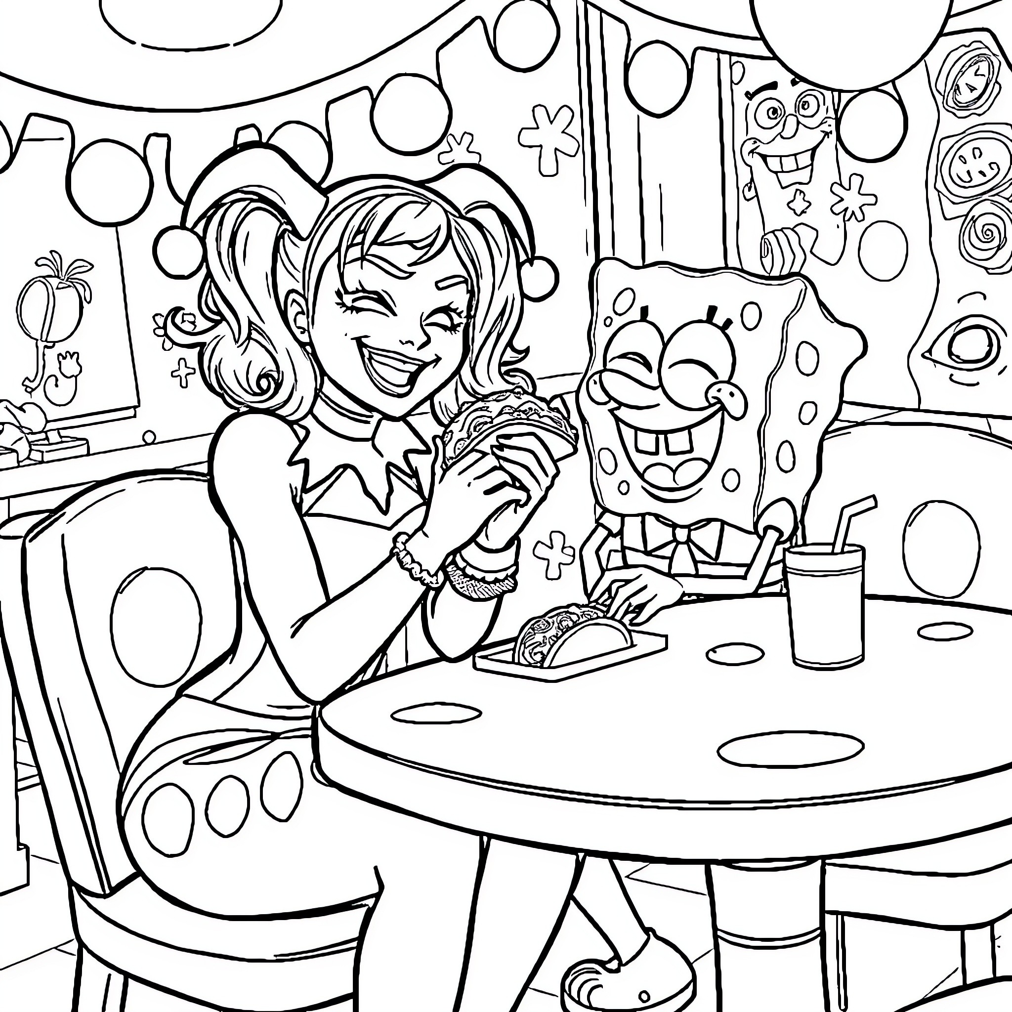 Harley Quinn's Colorful and Vibrant Breakfast Coloring Page (free black-and-white line drawing printable PDF for all, from beginners to advanced learners, including children, teens, adults, and seniors)
