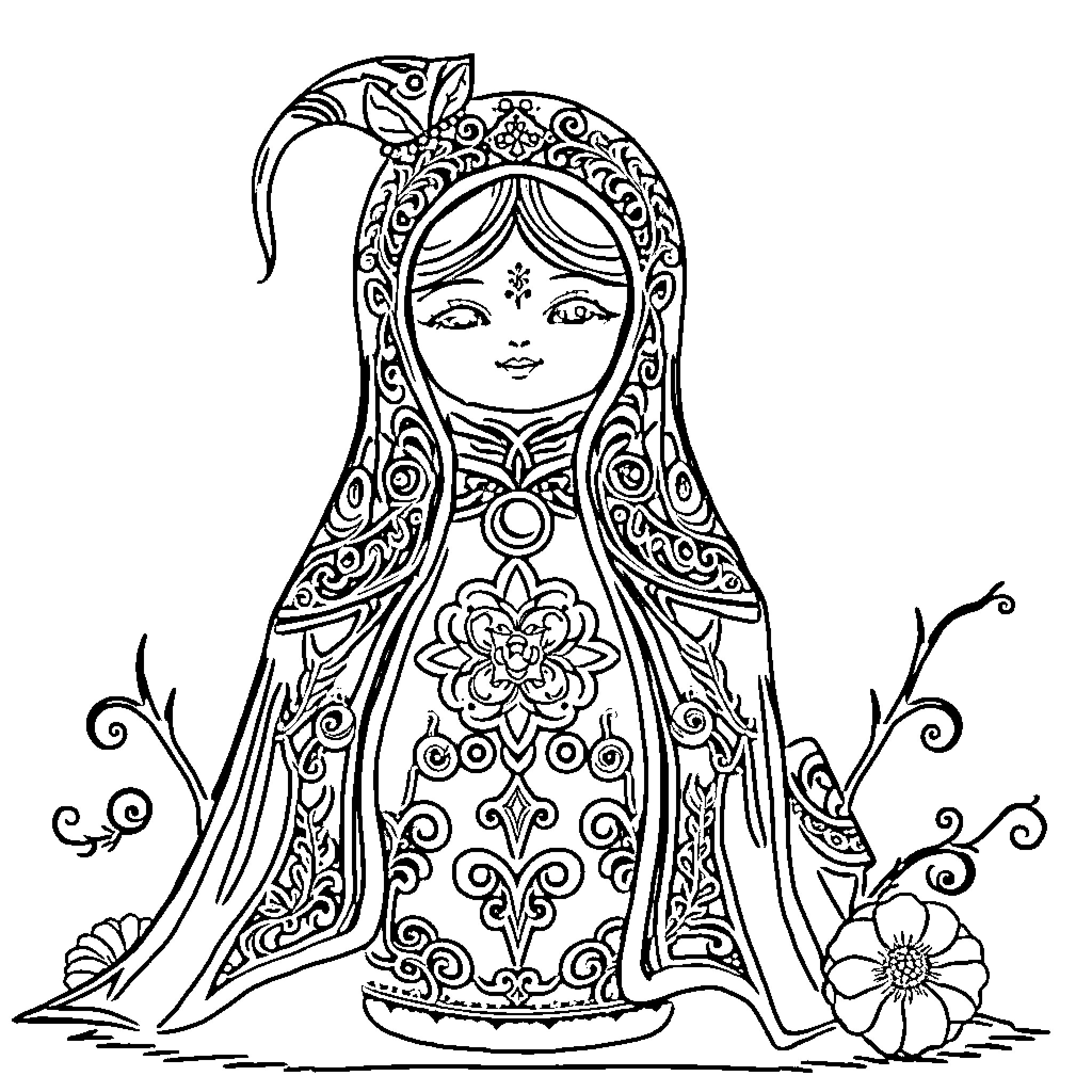 Matreshka doll with intricate floral patterns Coloring Page (free black-and-white line drawing printable PDF for all, from beginners to advanced learners, including children, teens, adults, and seniors)