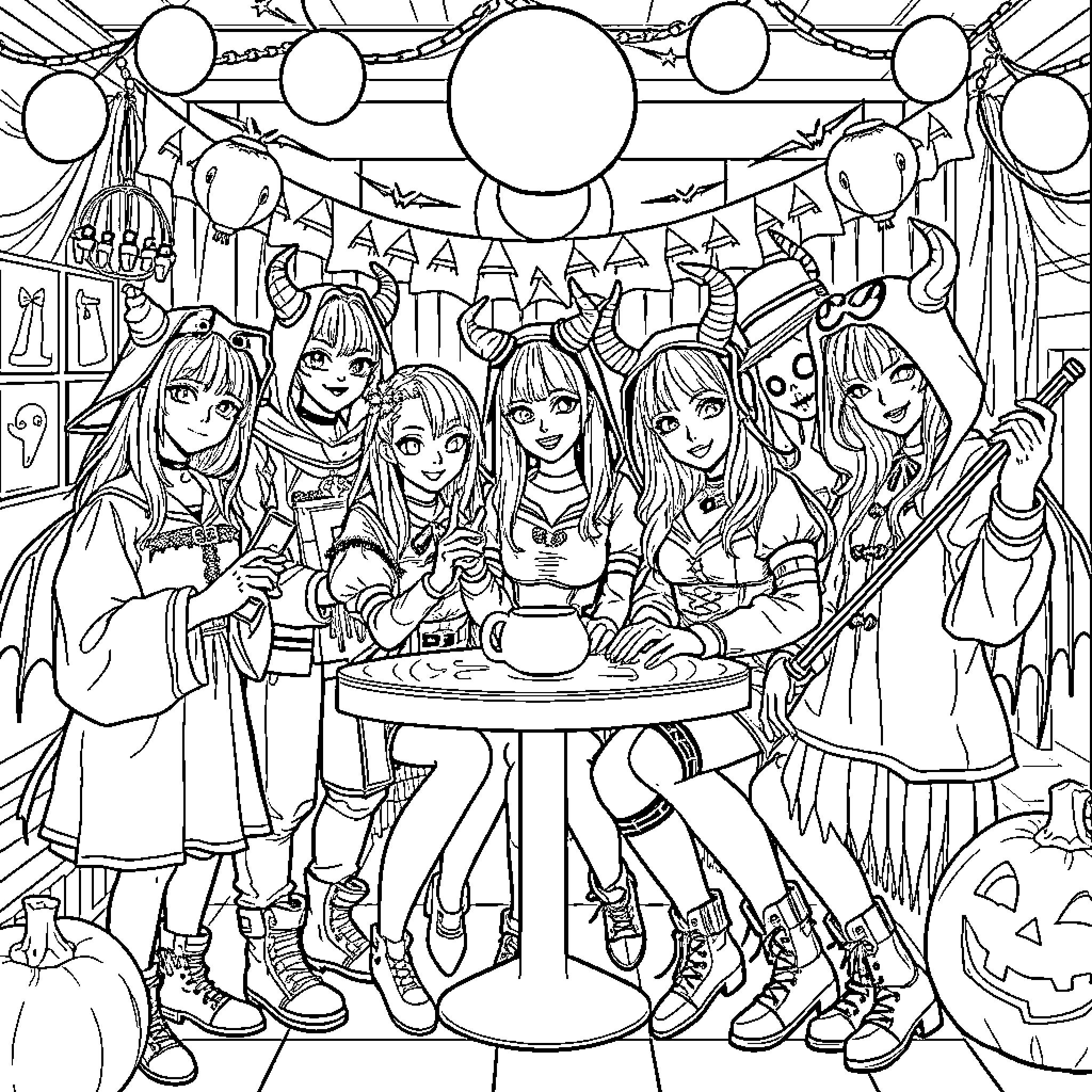 Kpop Demon Hunter Group Celebrates Halloween Coloring Page (free black-and-white line drawing printable PDF for all, from beginners to advanced learners, including children, teens, adults, and seniors)
