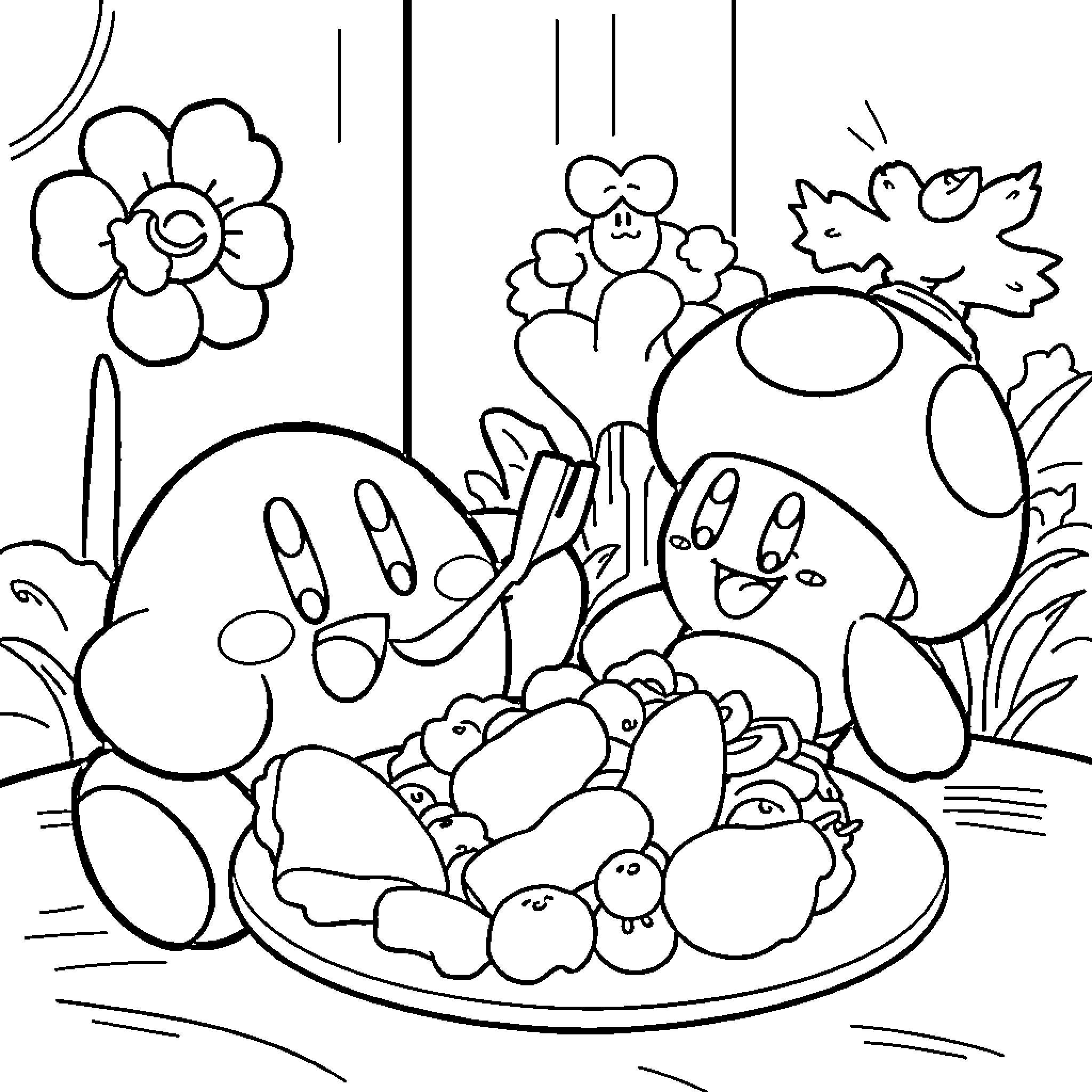 Kirby and Friends Enjoying a Picnic Outdoors Coloring Page (free black-and-white line drawing printable PDF for all, from beginners to advanced learners, including children, teens, adults, and seniors)