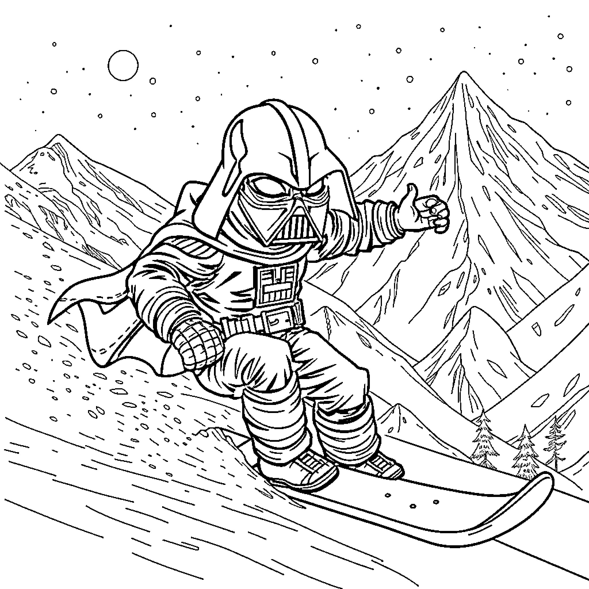 Earth Vader snowboarding across snowy mountains Coloring Page (free black-and-white line drawing printable PDF for all, from beginners to advanced learners, including children, teens, adults, and seniors)