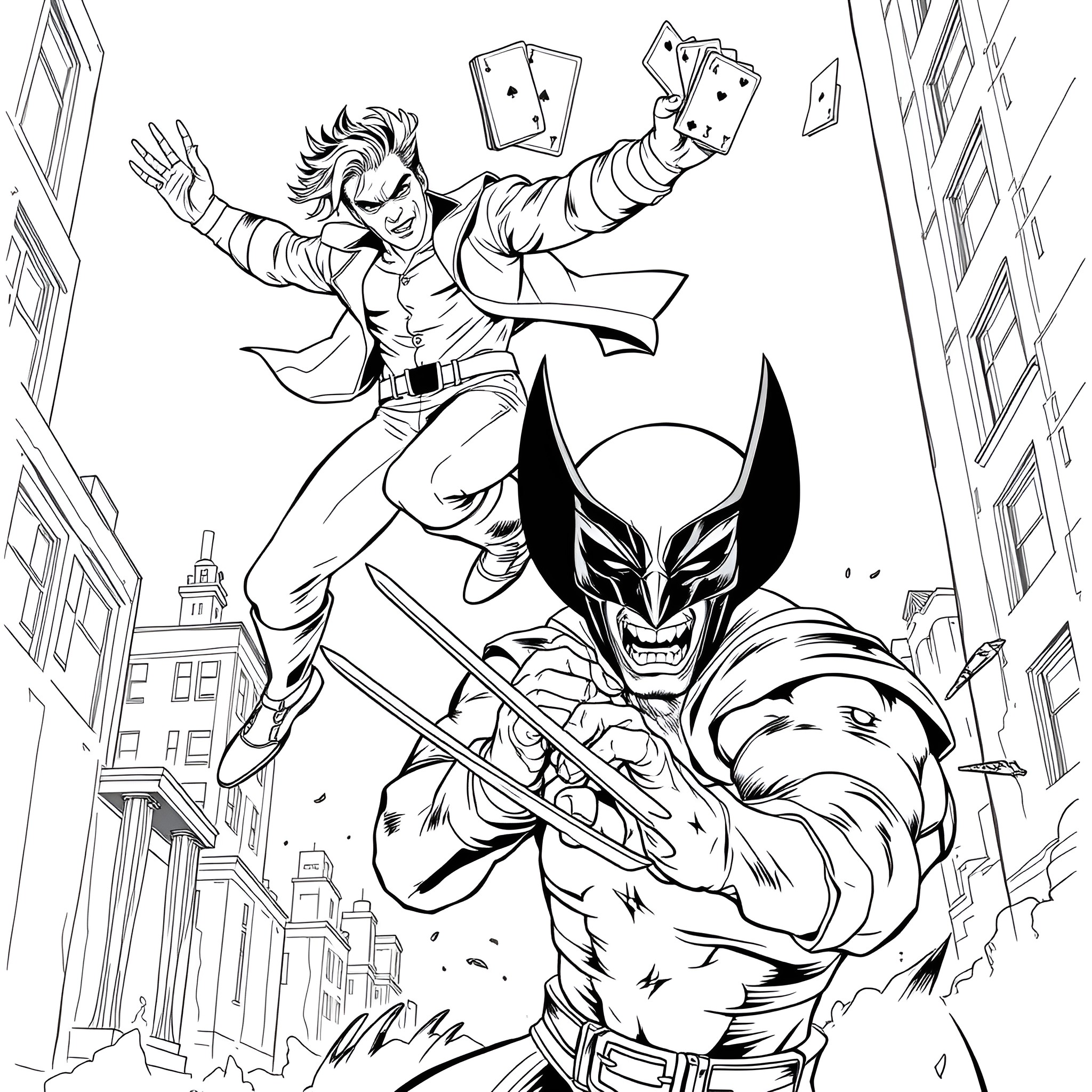Gambit's Daring Heist Against Wolverine in the City Coloring Page (free black-and-white line drawing printable PDF for all, from beginners to advanced learners, including children, teens, adults, and seniors)