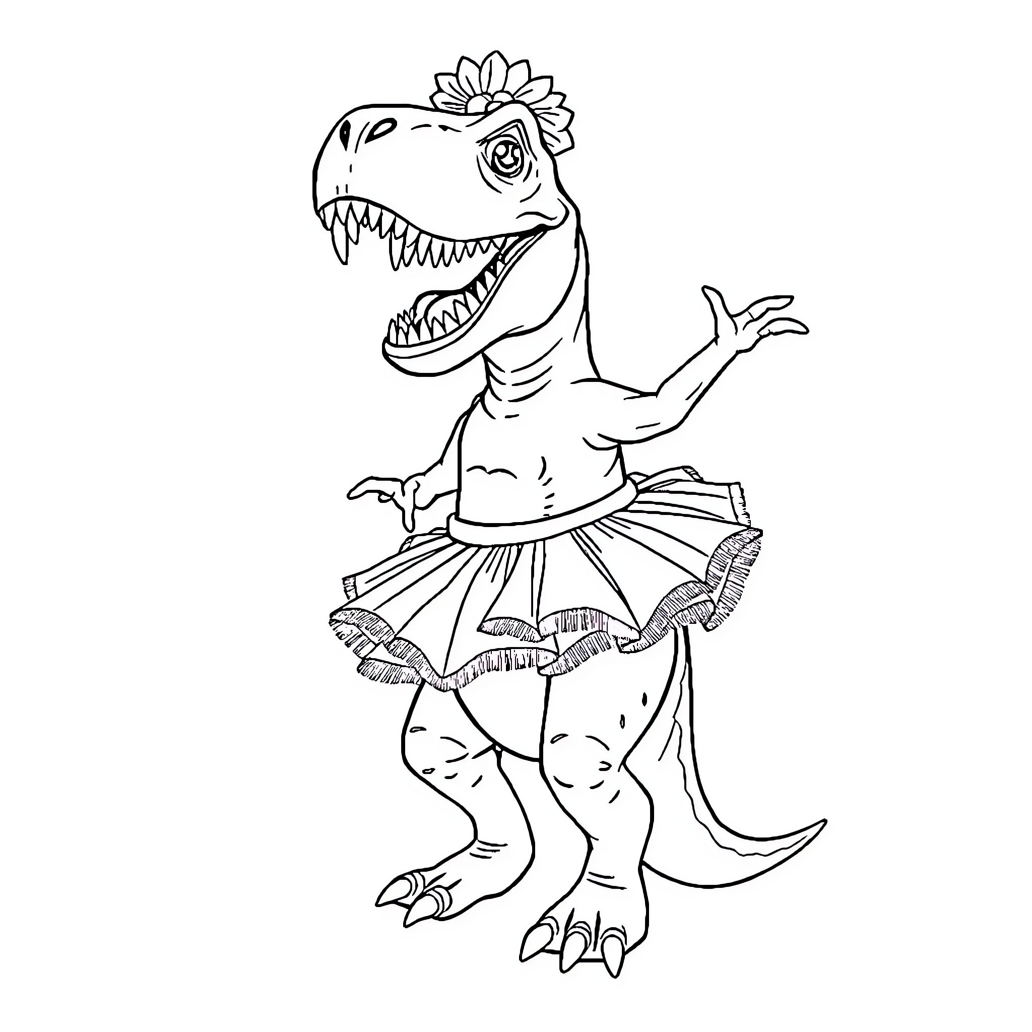 T-Rex Ballerina Dances with Joy Coloring Page (free black-and-white line drawing printable PDF for all, from beginners to advanced learners, including children, teens, adults, and seniors)