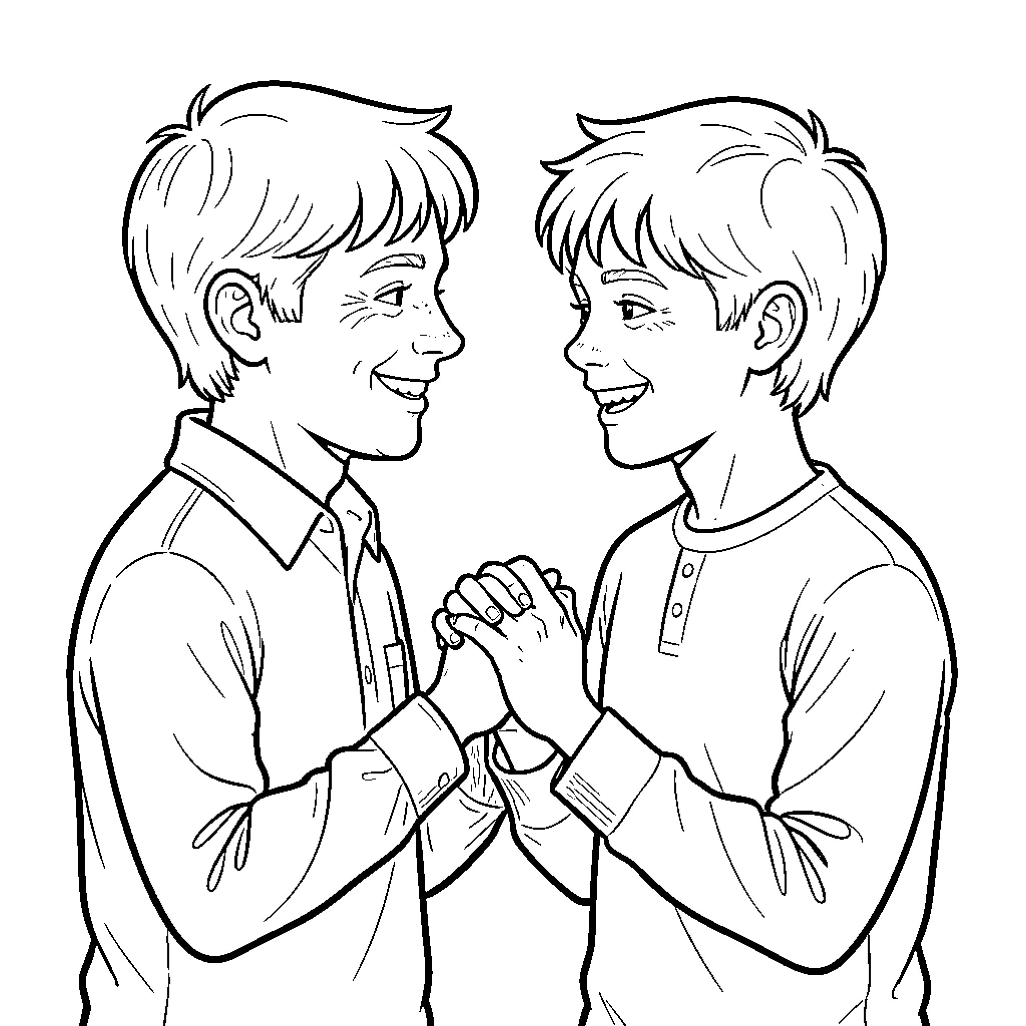 Mike Wheeler and friend happily chatting Coloring Page (free black-and-white line drawing printable PDF for all, from beginners to advanced learners, including children, teens, adults, and seniors)