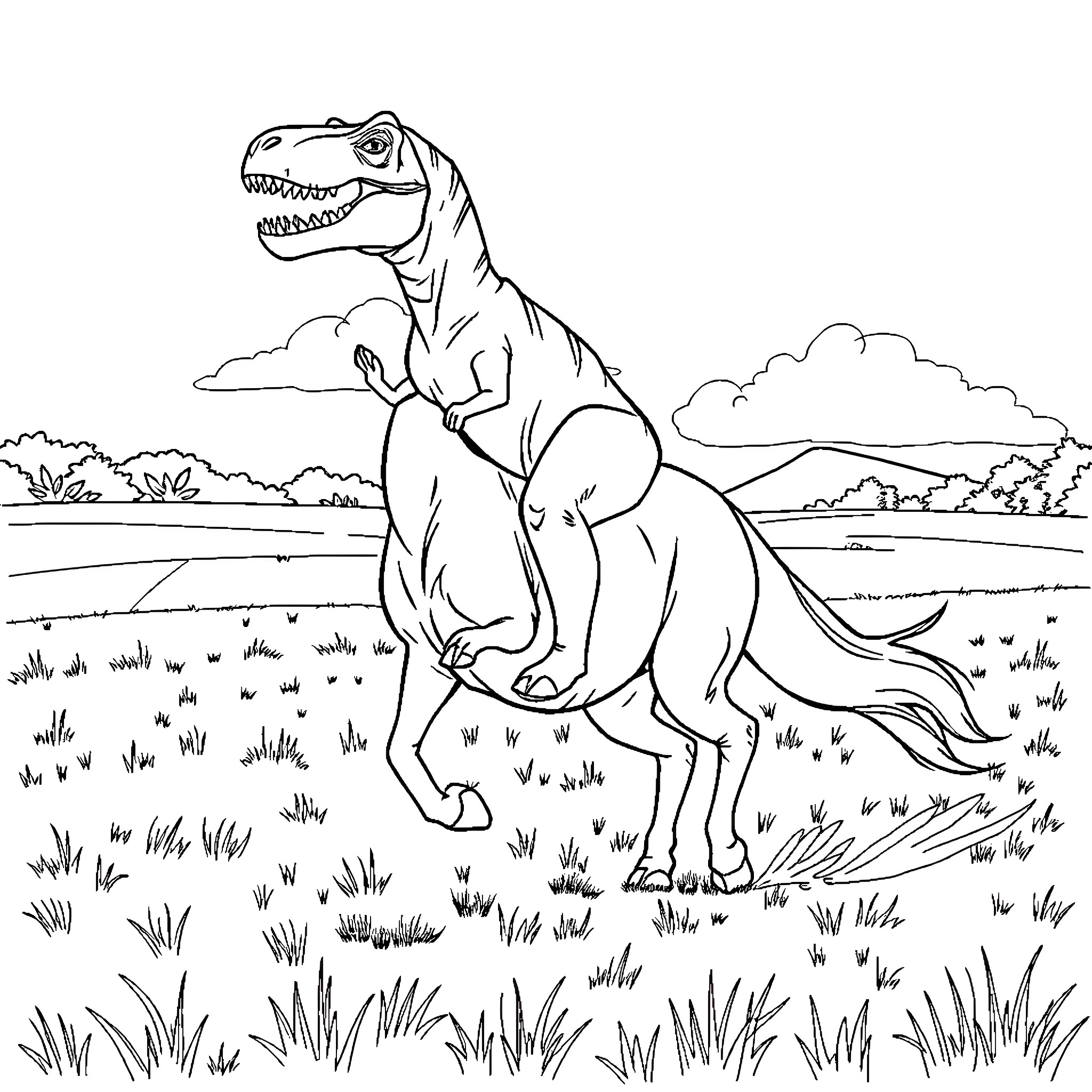 T-Rex exploring the prehistoric landscape Coloring Page (free black-and-white line drawing printable PDF for all, from beginners to advanced learners, including children, teens, adults, and seniors)