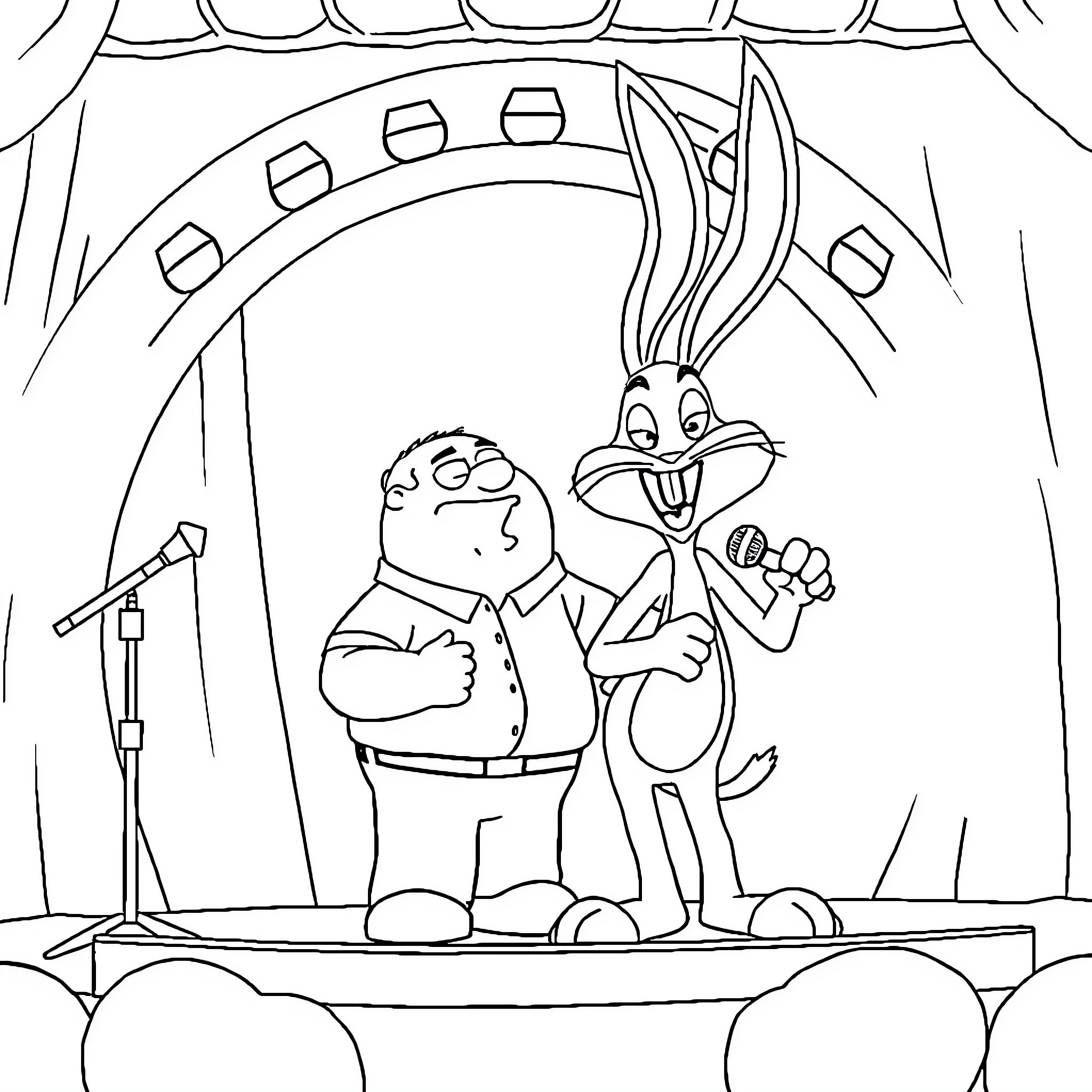 Stewie and Bugs Bunny on stage Coloring Page (free black-and-white line drawing printable PDF for all, from beginners to advanced learners, including children, teens, adults, and seniors)