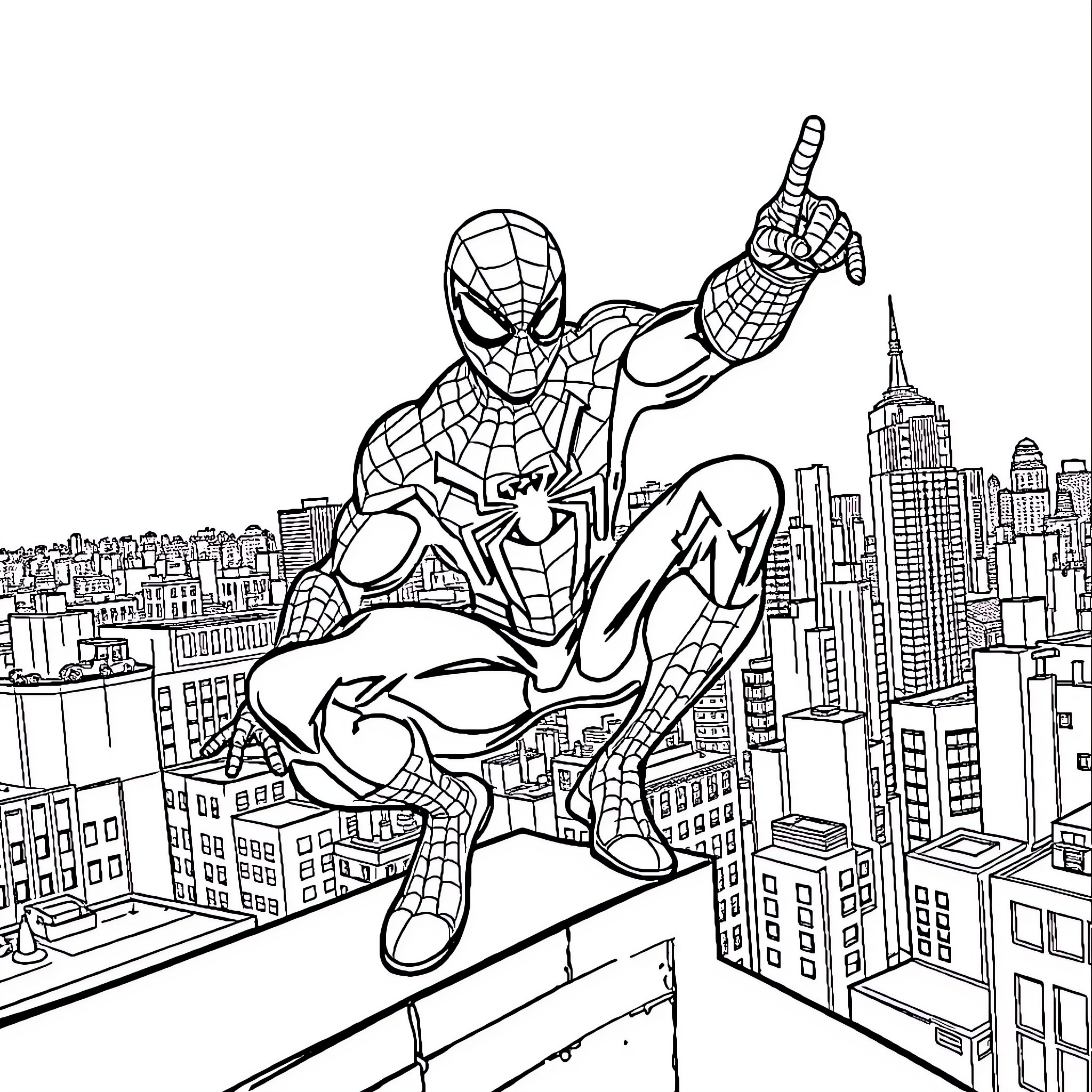 Spiderman swinging through the city skyline Coloring Page (free black-and-white line drawing printable PDF for all, from beginners to advanced learners, including children, teens, adults, and seniors)