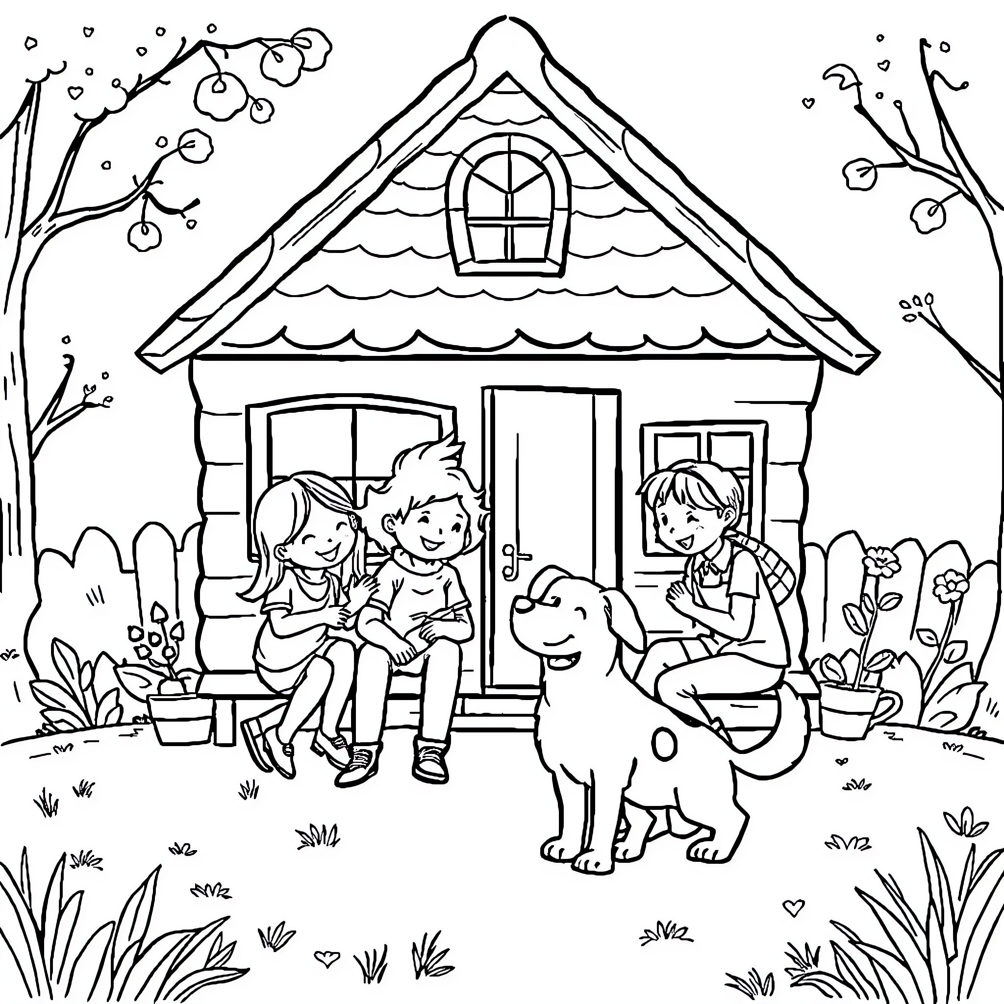 House with children and a dog enjoying outdoor activities Coloring Page (free black-and-white line drawing printable PDF for all, from beginners to advanced learners, including children, teens, adults, and seniors)