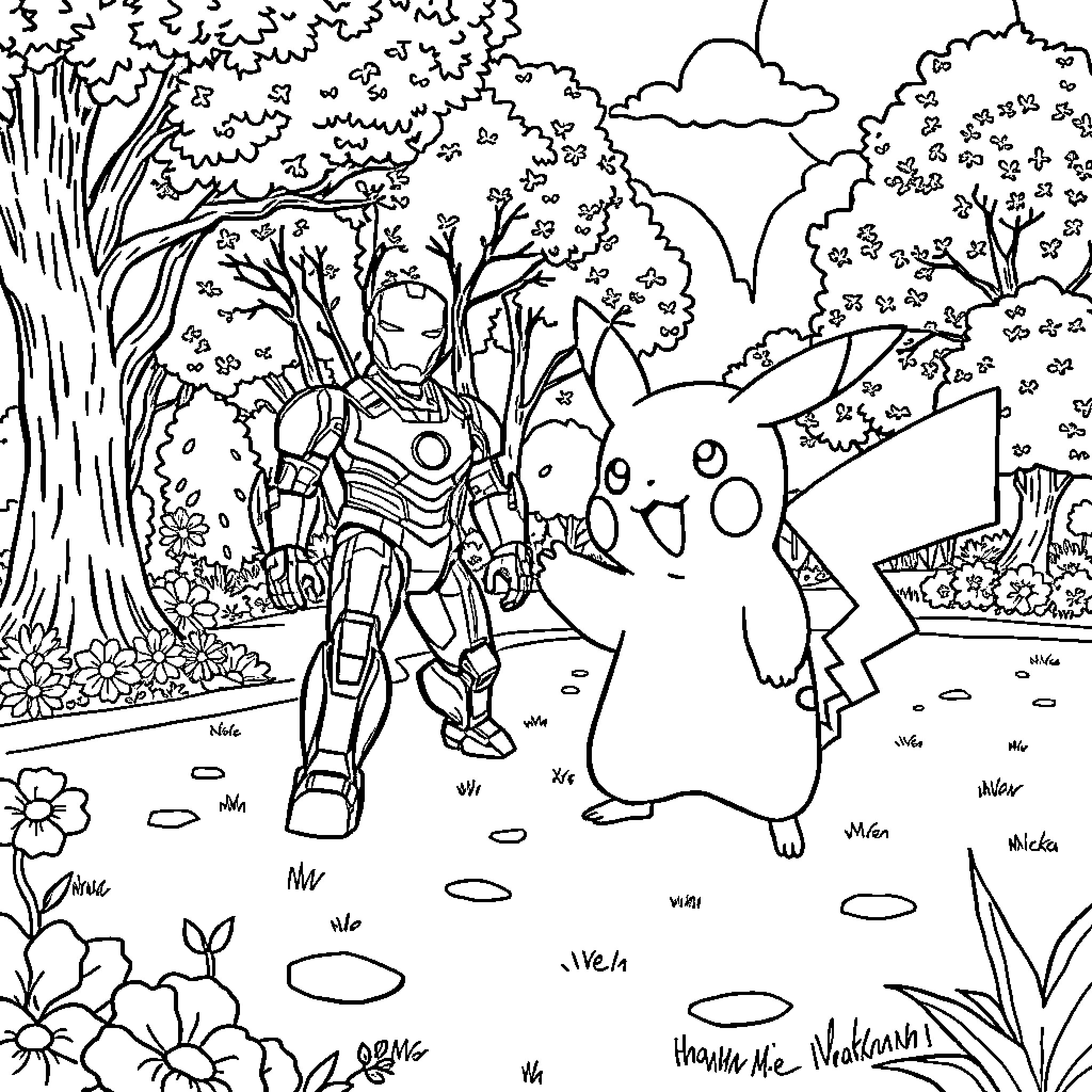 Pikachu exploring the enchanted forest with friends Coloring Page (free black-and-white line drawing printable PDF for all, from beginners to advanced learners, including children, teens, adults, and seniors)