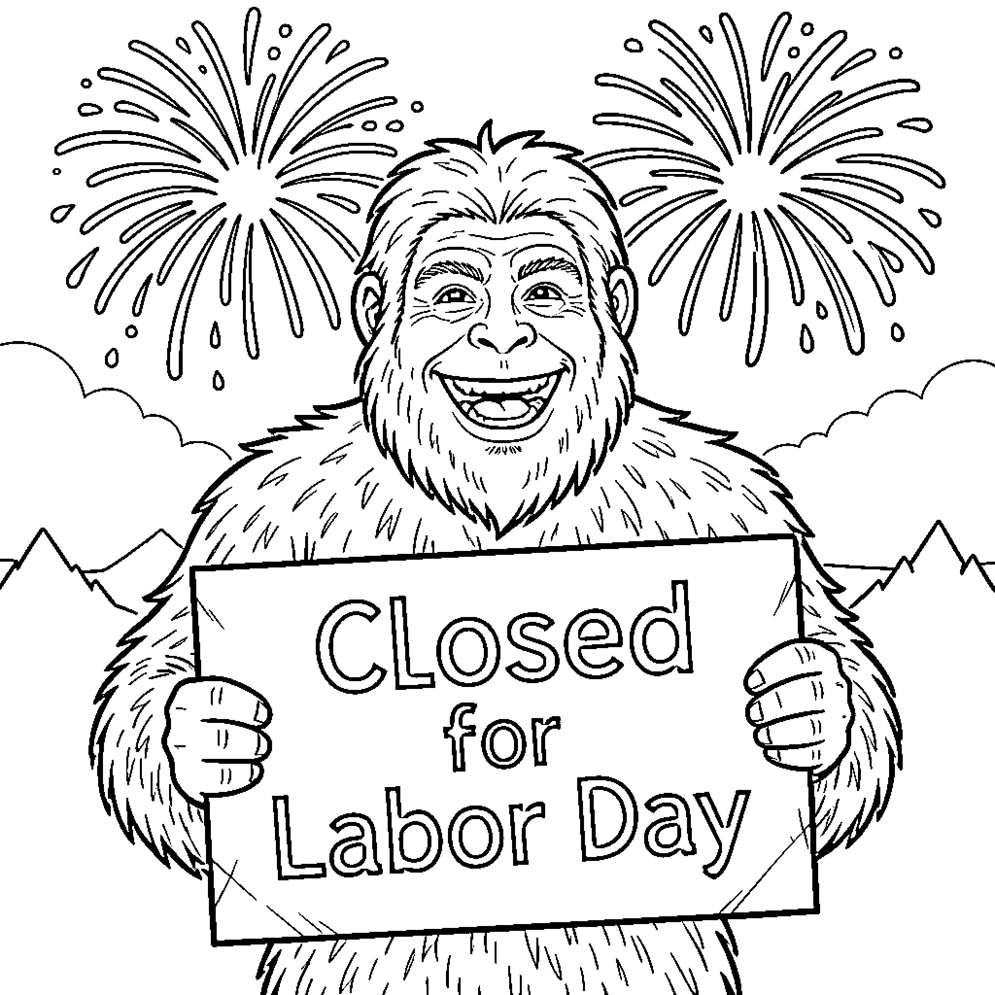 Bigfoot smiling while holding a closed sign Coloring Page (free black-and-white line drawing printable PDF for all, from beginners to advanced learners, including children, teens, adults, and seniors)