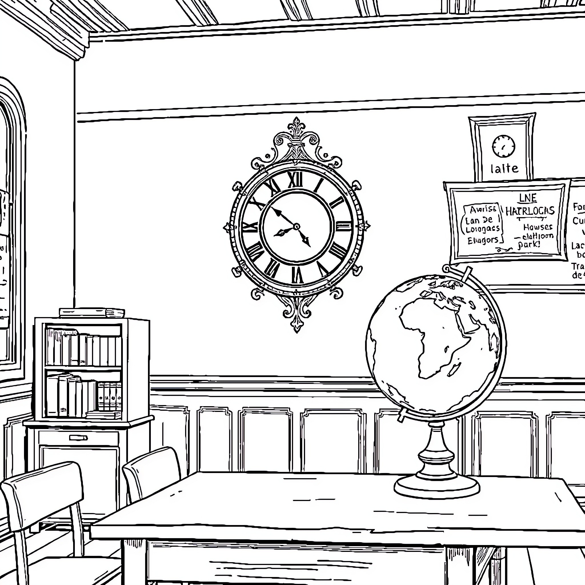 Clock and Globe in Classroom Setting Coloring Page (free black-and-white line drawing printable PDF for all, from beginners to advanced learners, including children, teens, adults, and seniors)