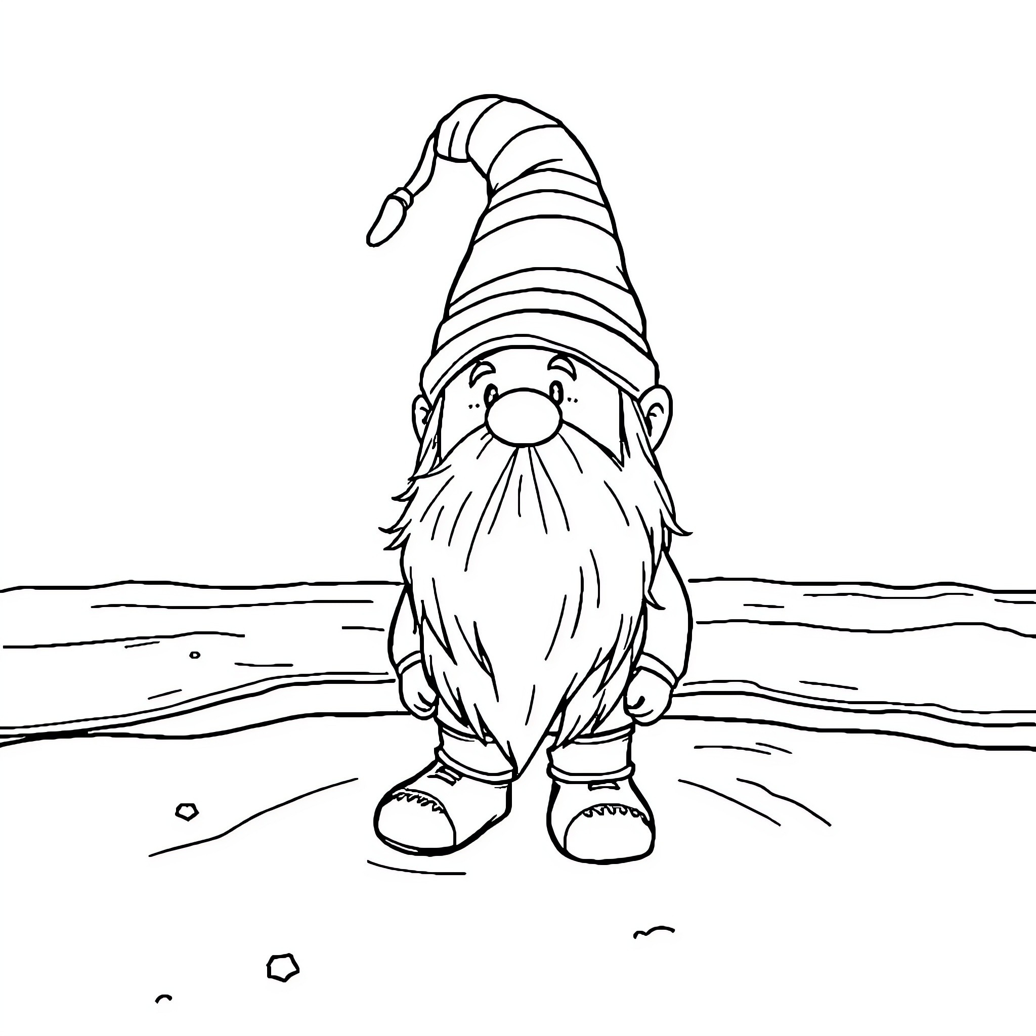Gnome sitting cheerfully on the ground Coloring Page (free black-and-white line drawing printable PDF for all, from beginners to advanced learners, including children, teens, adults, and seniors)