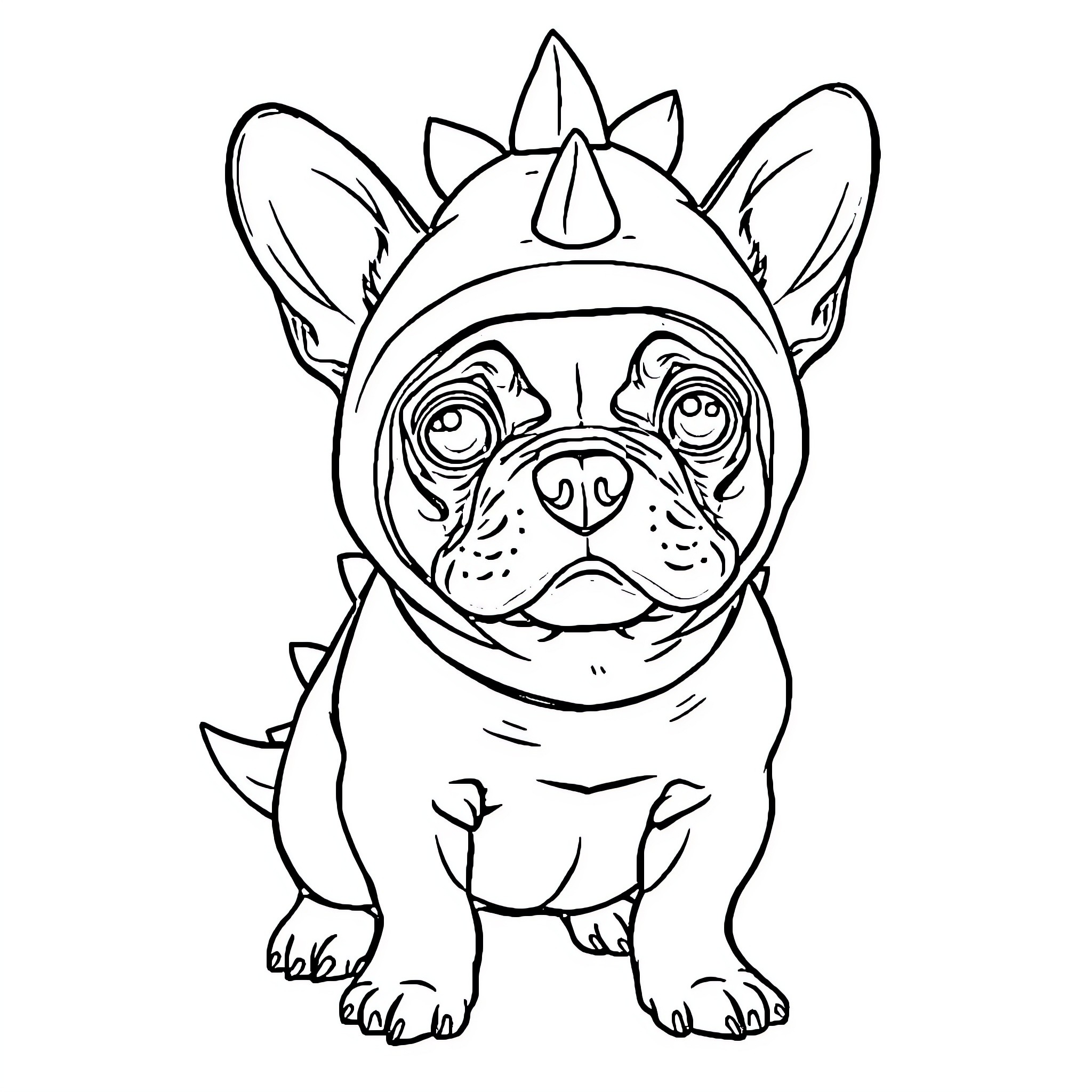 Frenchie Wearing Dinosaur Costume Coloring Page (free black-and-white line drawing printable PDF for all, from beginners to advanced learners, including children, teens, adults, and seniors)