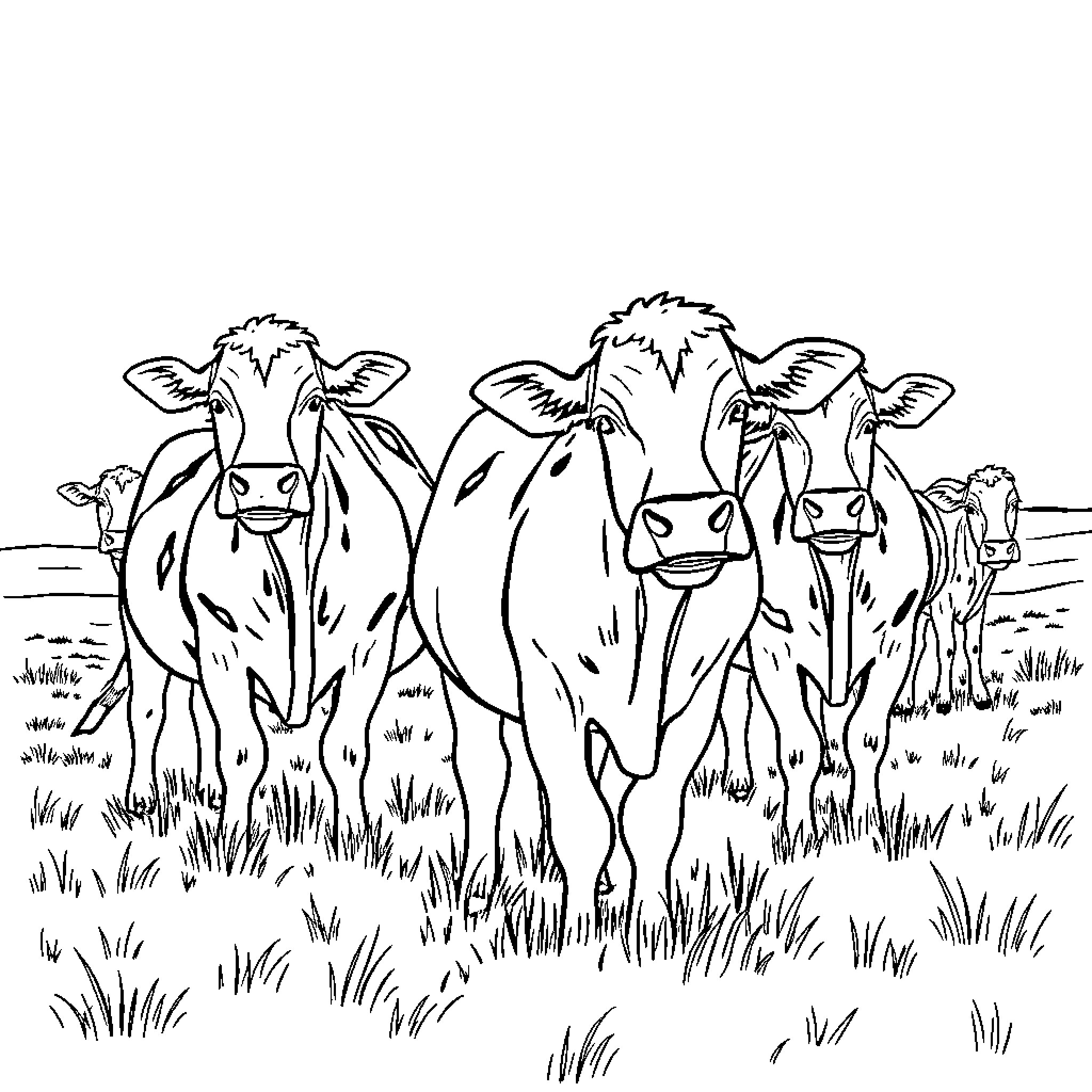 Cow herd standing together in a grassy field Coloring Page (free black-and-white line drawing printable PDF for all, from beginners to advanced learners, including children, teens, adults, and seniors)