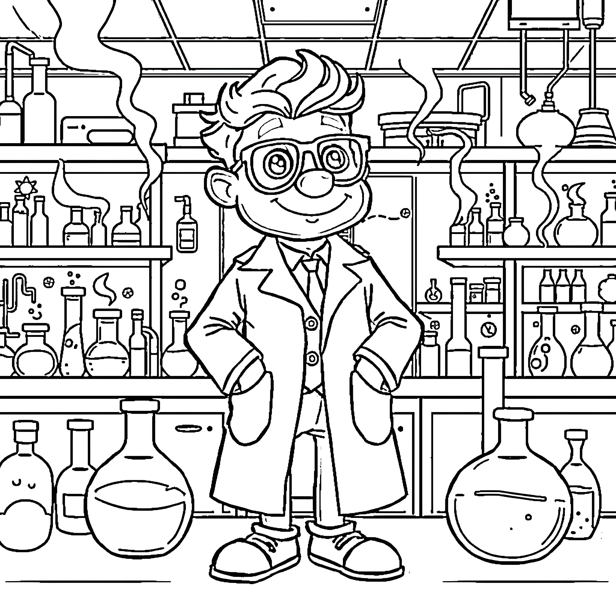 Bluey's Wacky Science Lab Adventure Coloring Page (free black-and-white line drawing printable PDF for all, from beginners to advanced learners, including children, teens, adults, and seniors)