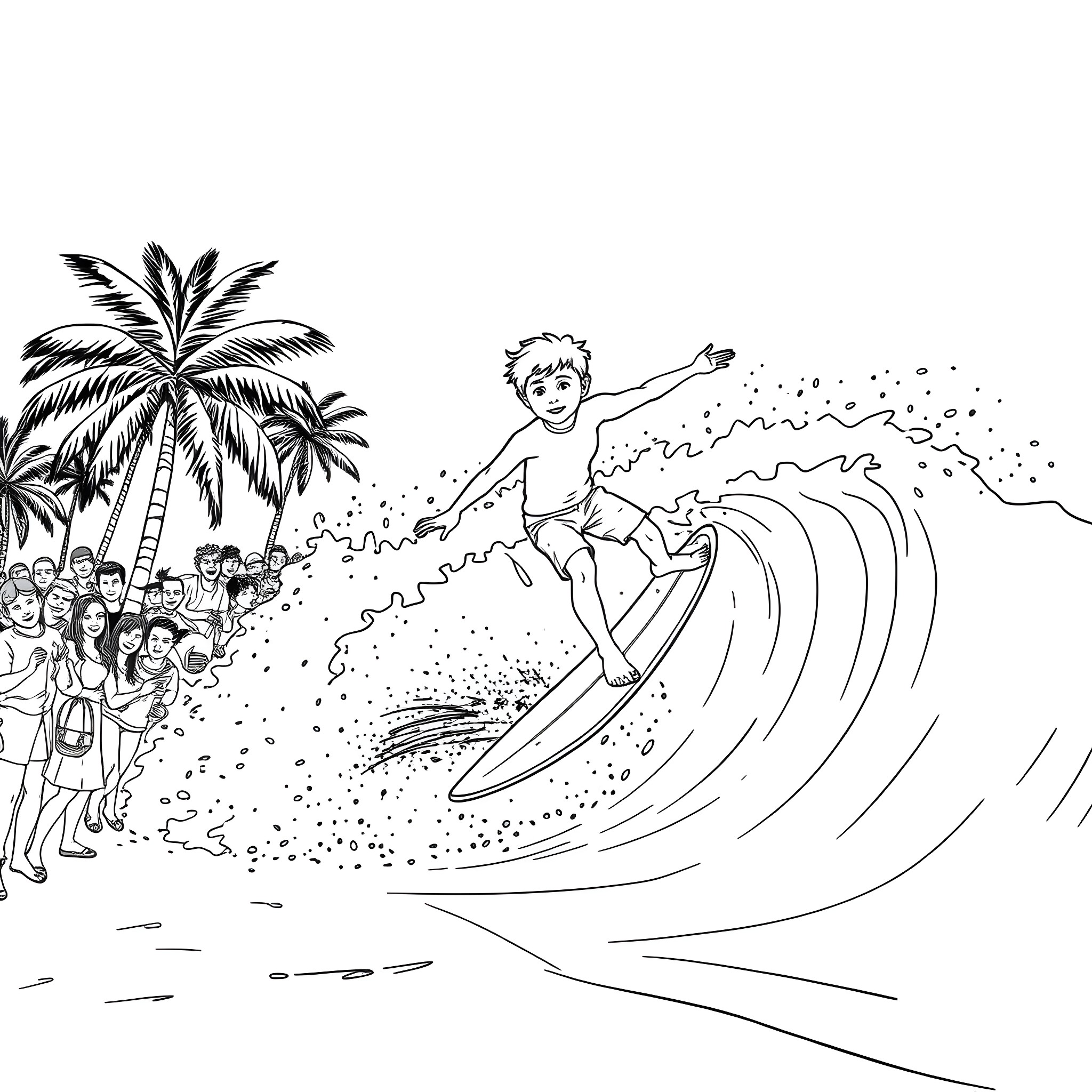Boy riding waves on the beach Coloring Page (free black-and-white line drawing printable PDF for all, from beginners to advanced learners, including children, teens, adults, and seniors)