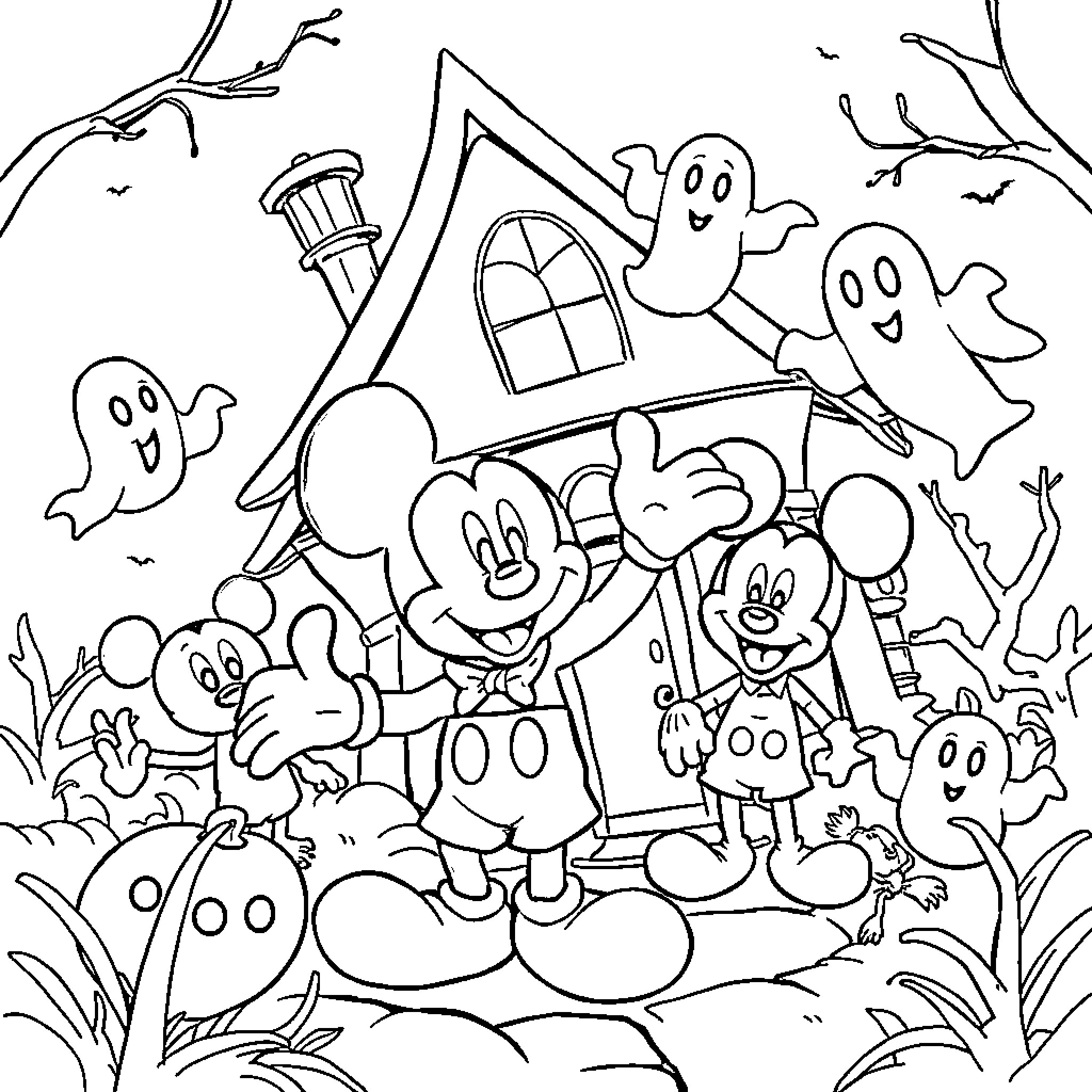 Mickey Mouse and Friends in a Haunted House Coloring Page (free black-and-white line drawing printable PDF for all, from beginners to advanced learners, including children, teens, adults, and seniors)