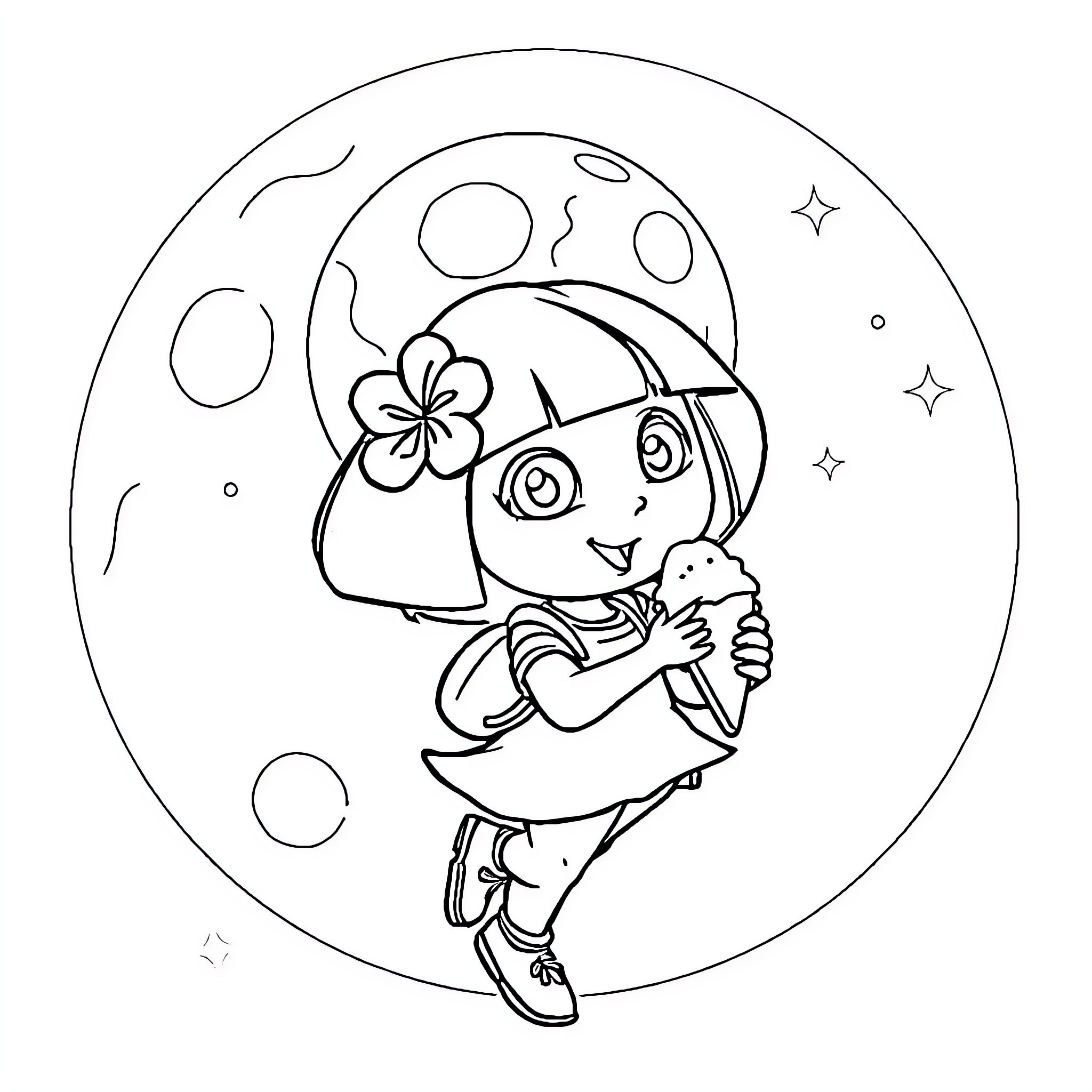 Dora exploring the enchanted moonlit forest Coloring Page (free black-and-white line drawing printable PDF for all, from beginners to advanced learners, including children, teens, adults, and seniors)