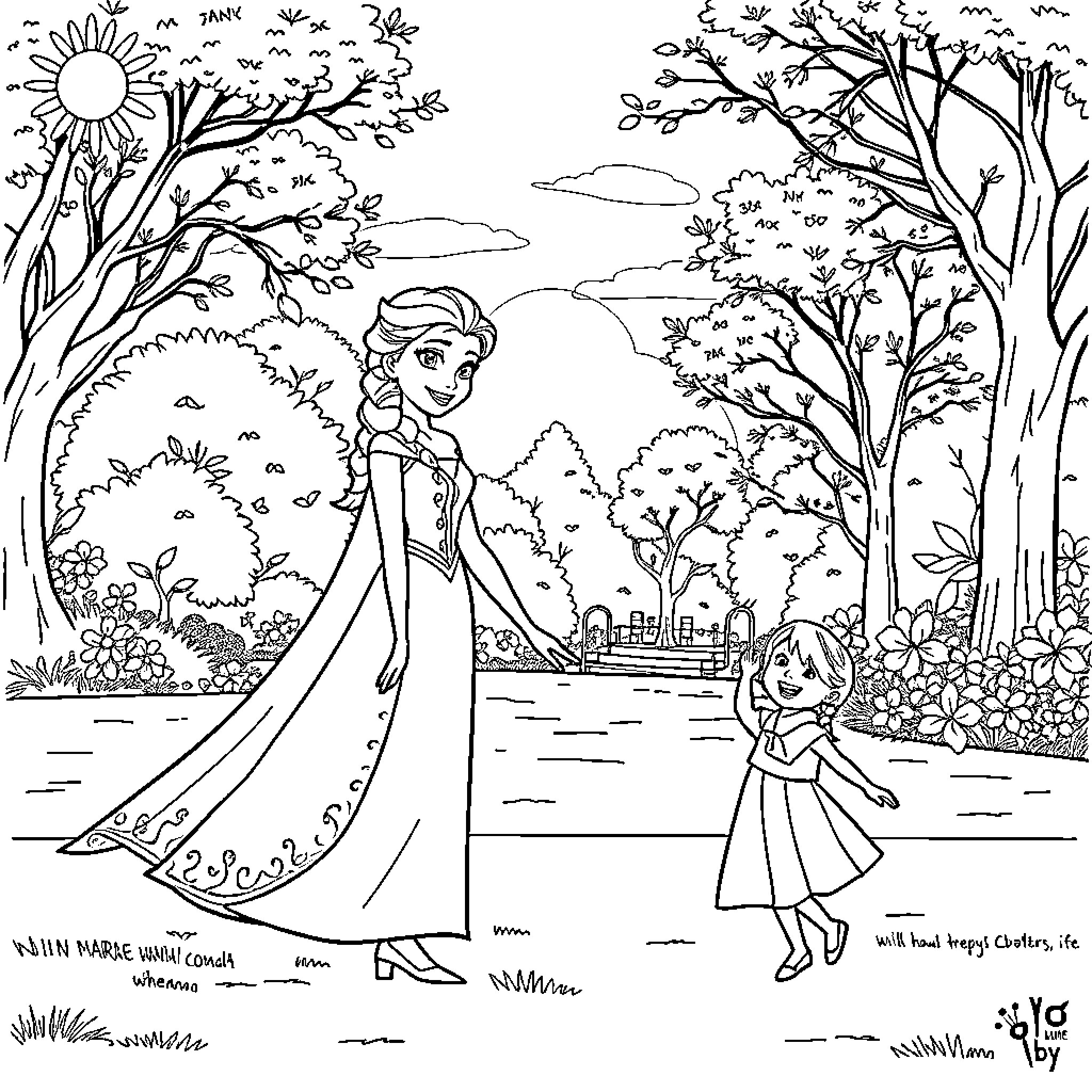 Elsa and Anna enjoying a peaceful day in nature Coloring Page (free black-and-white line drawing printable PDF for all, from beginners to advanced learners, including children, teens, adults, and seniors)