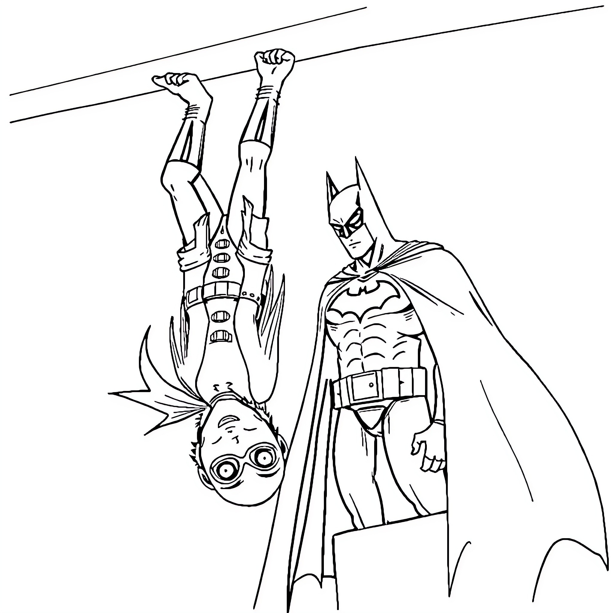 Robin battling villain in heroic pose Coloring Page (free black-and-white line drawing printable PDF for all, from beginners to advanced learners, including children, teens, adults, and seniors)