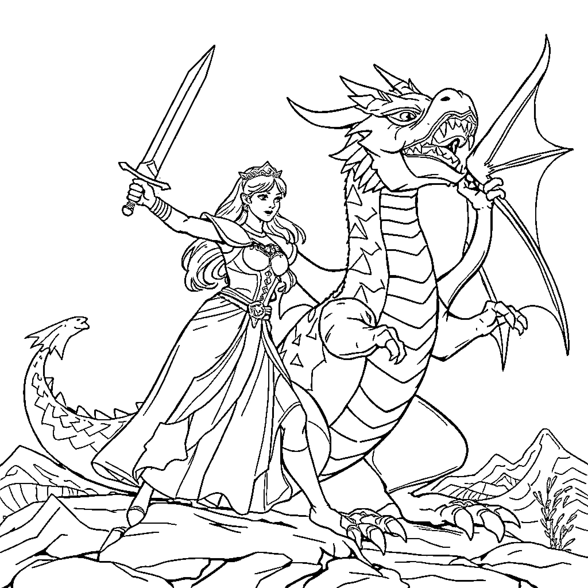 Dragon Princess Battles Fierce Dragon Coloring Page (free black-and-white line drawing printable PDF for all, from beginners to advanced learners, including children, teens, adults, and seniors)