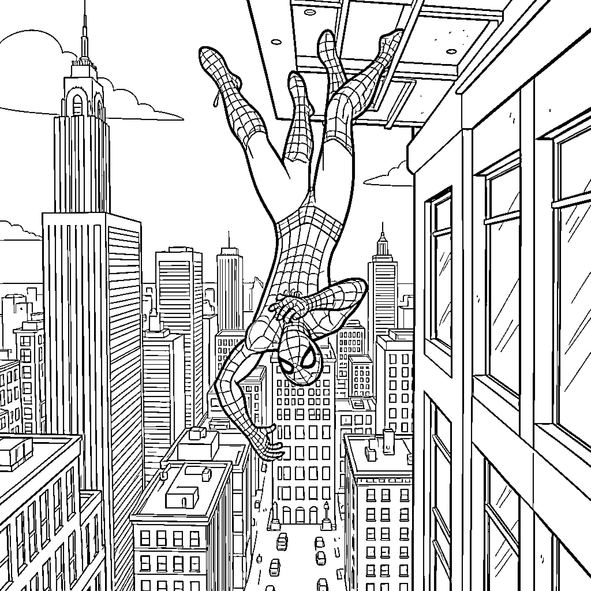 Spider climbing down the side of a tall building Coloring Page (free black-and-white line drawing printable PDF for all, from beginners to advanced learners, including children, teens, adults, and seniors)