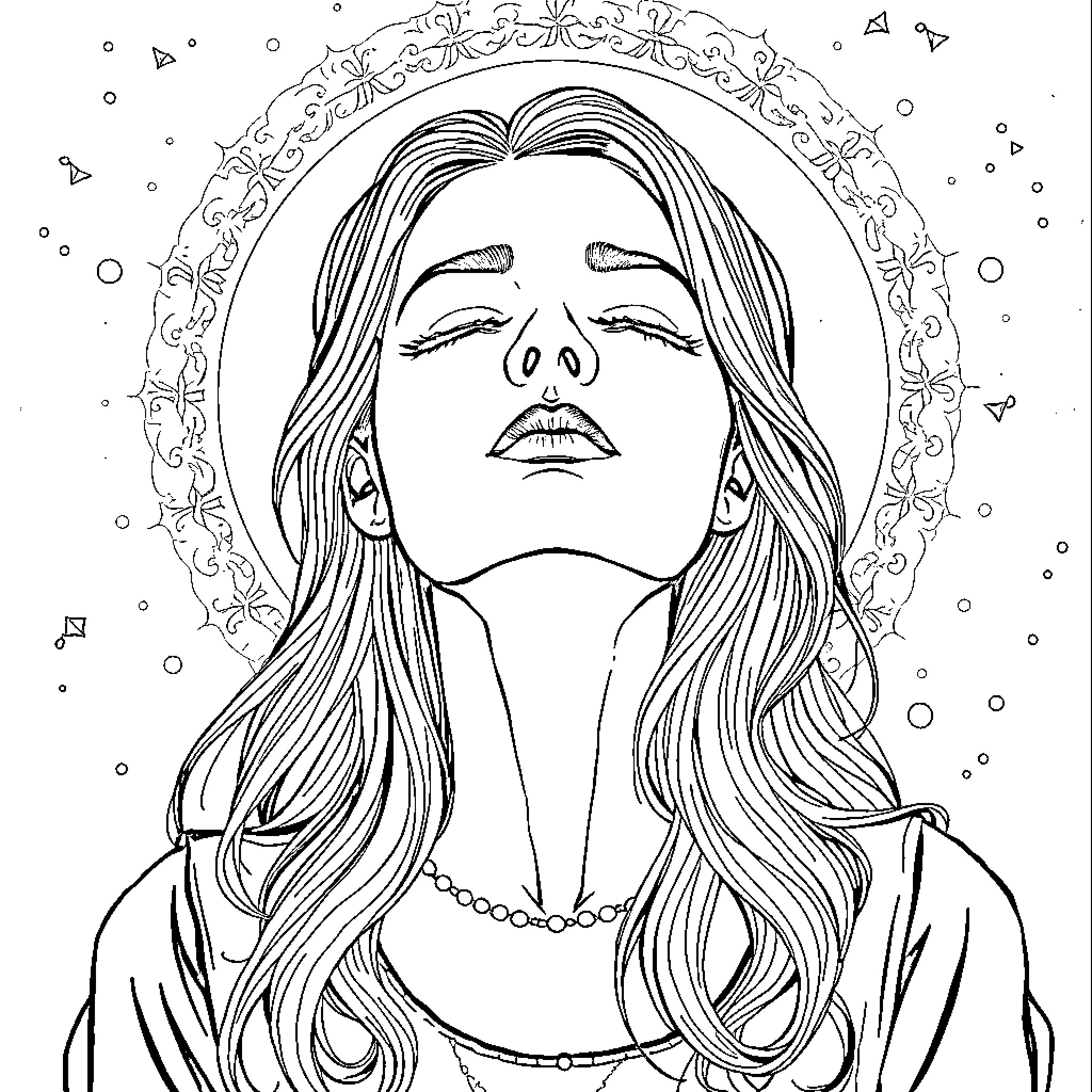 Elena's pensive expression within an ornate frame Coloring Page (free black-and-white line drawing printable PDF for all, from beginners to advanced learners, including children, teens, adults, and seniors)