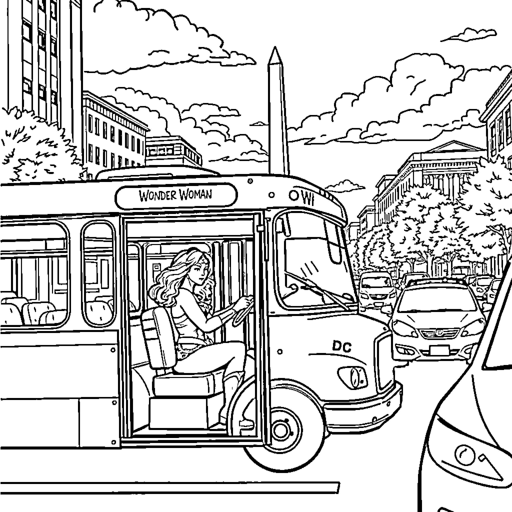 Wonder Woman riding on a bus in the city Coloring Page (free black-and-white line drawing printable PDF for all, from beginners to advanced learners, including children, teens, adults, and seniors)