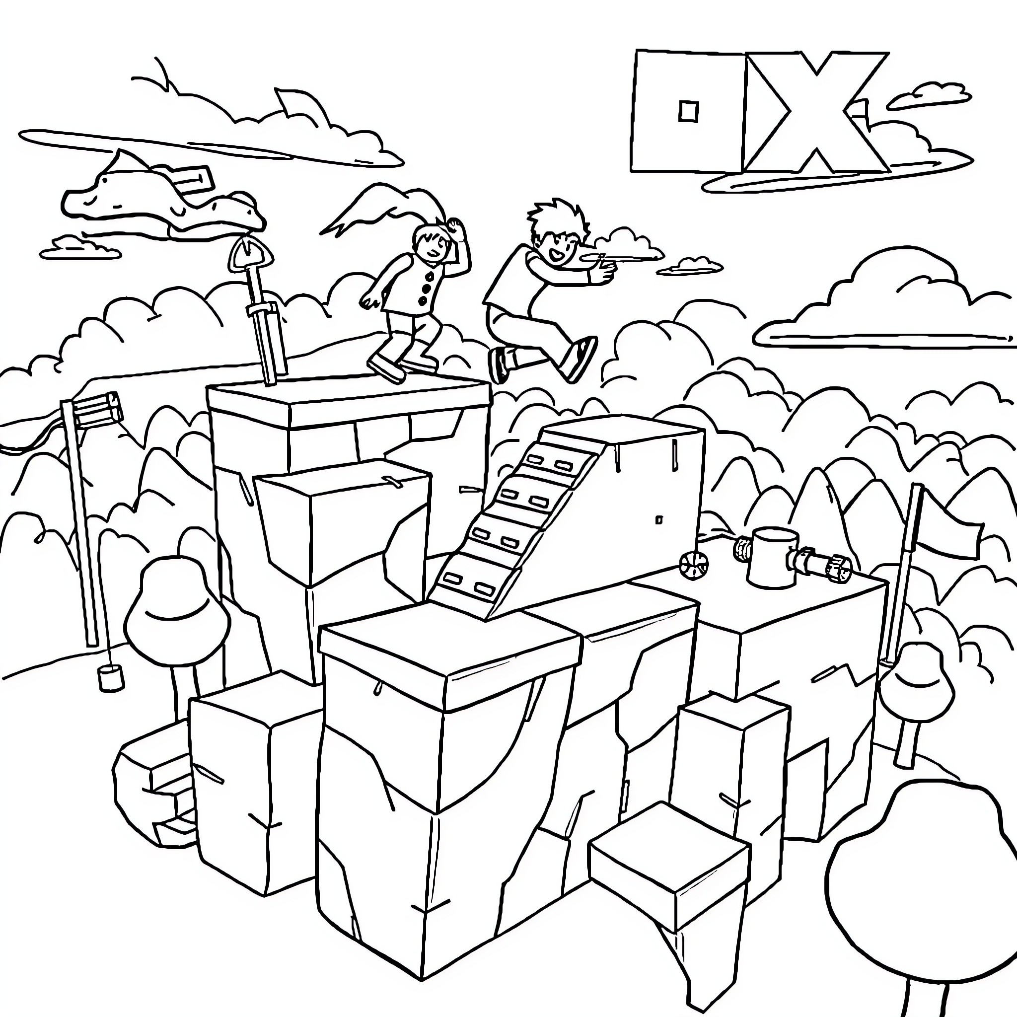 Roblox characters exploring a blocky world Coloring Page (free black-and-white line drawing printable PDF for all, from beginners to advanced learners, including children, teens, adults, and seniors)