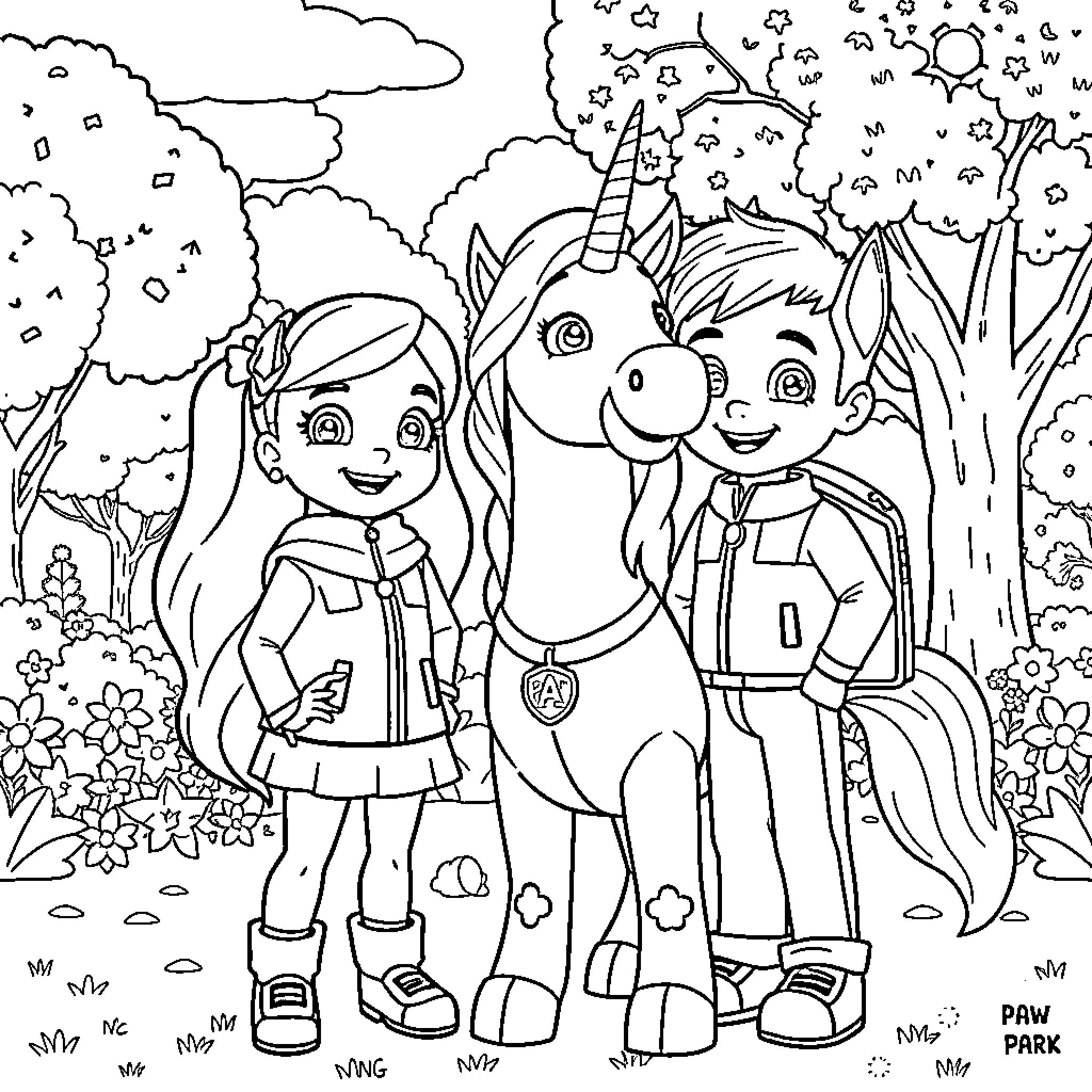 Skye's Enchanted Woodland Adventure Coloring Page (free black-and-white line drawing printable PDF for all, from beginners to advanced learners, including children, teens, adults, and seniors)